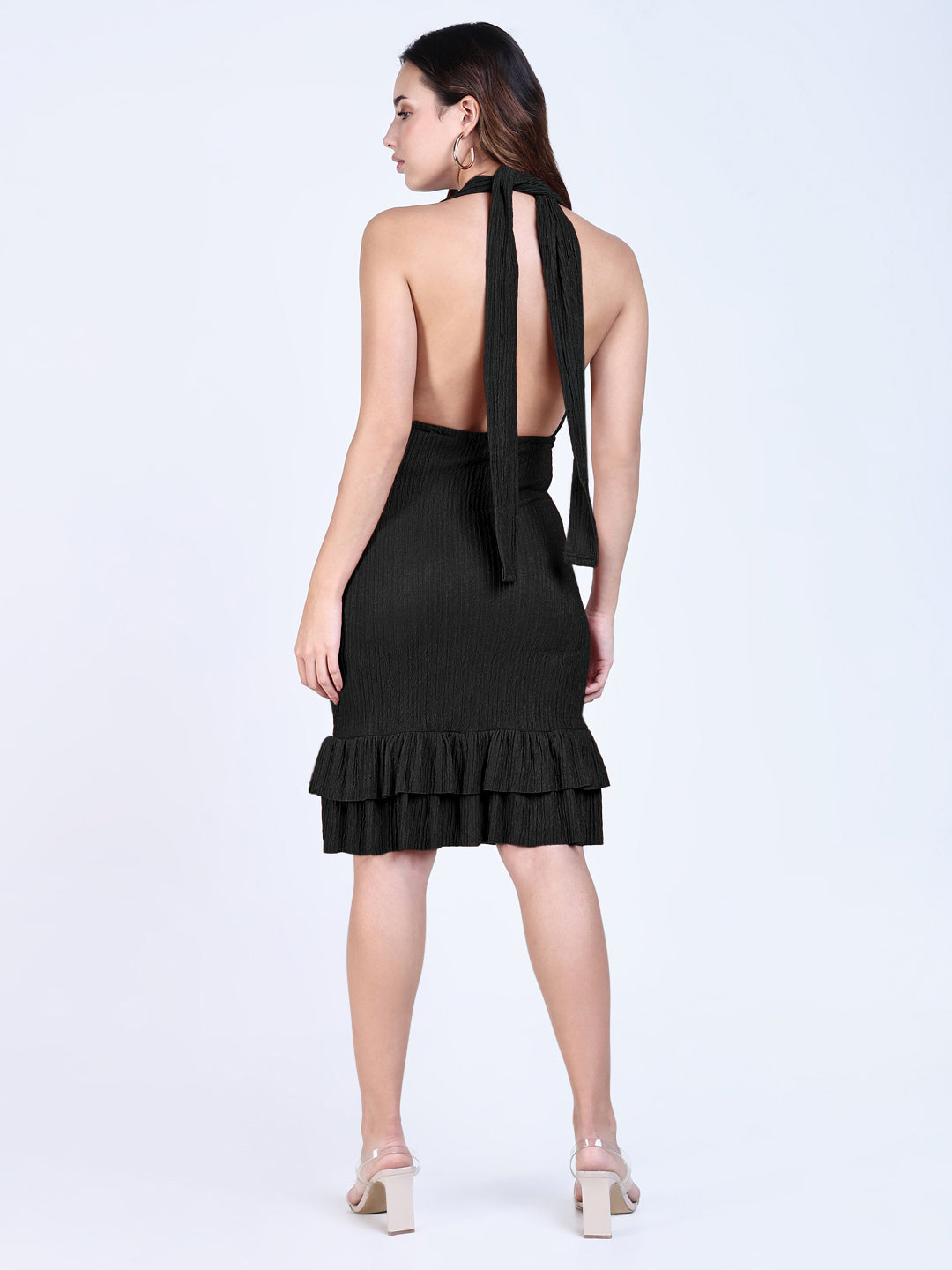 Women's Black Halter Neck Mini Dress with Ruffle Hem