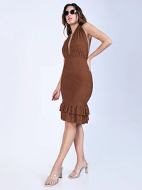 Women's Textured Brown Halter Neck Dress