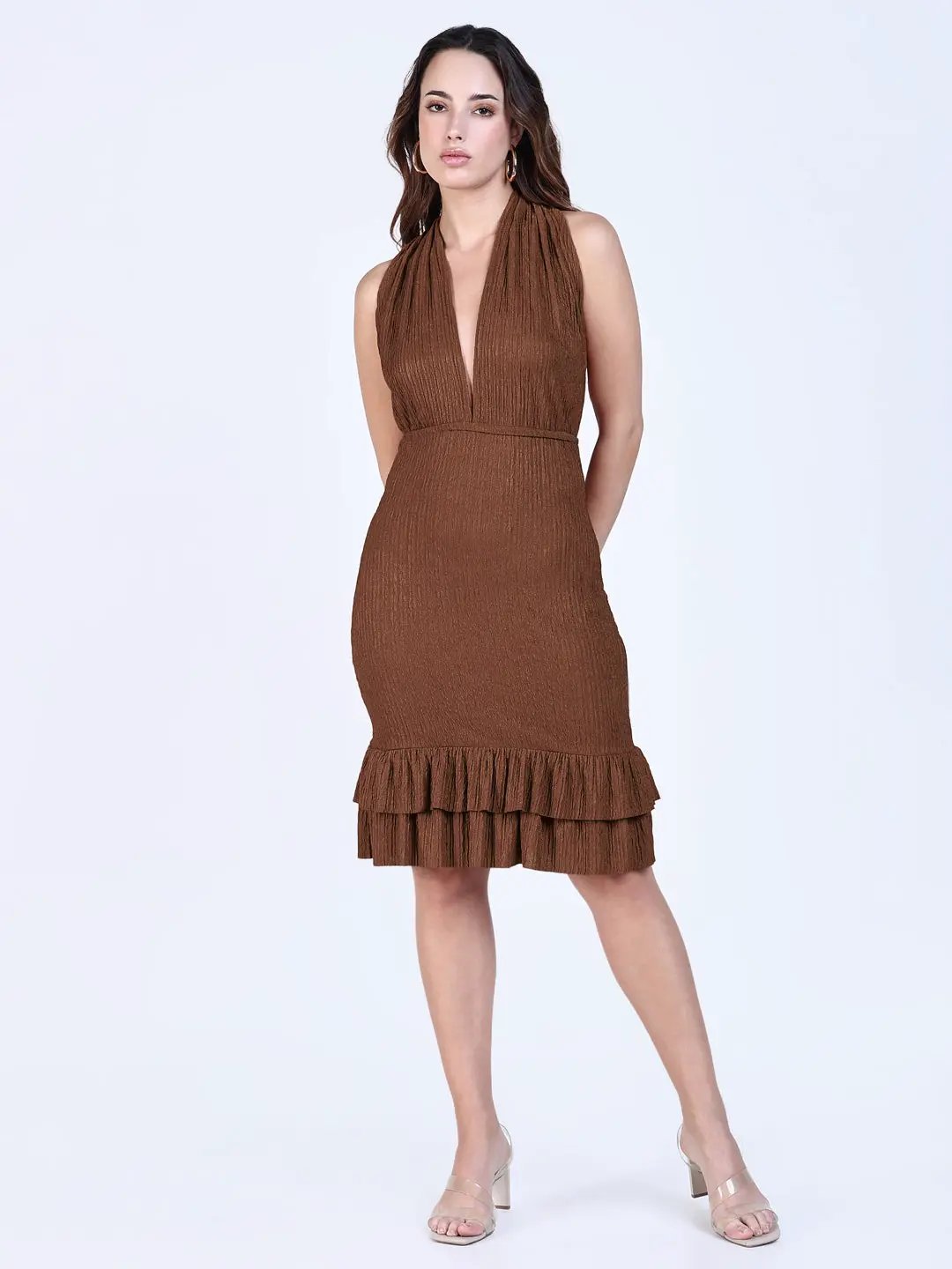 Women's Textured Brown Halter Neck Dress