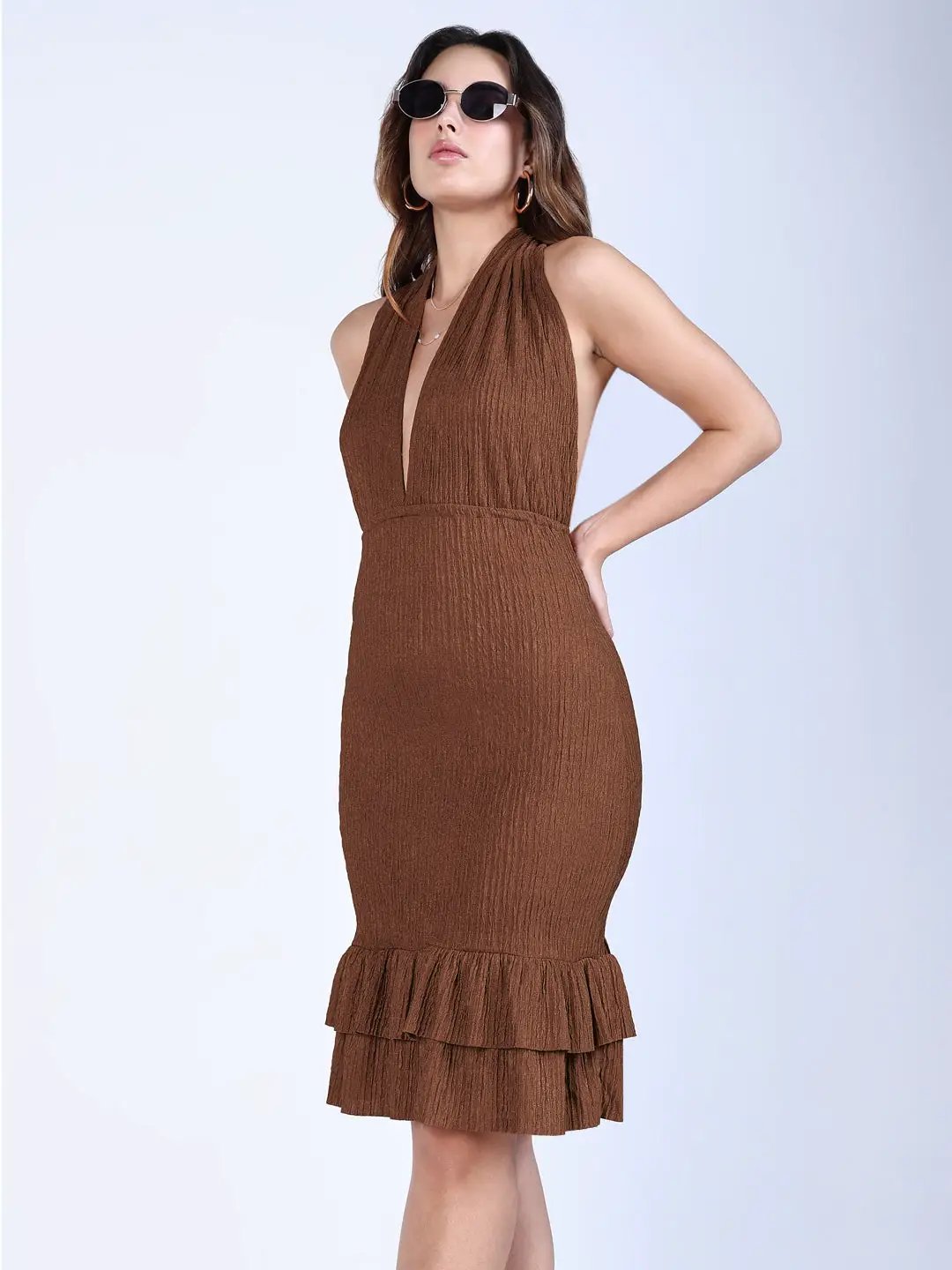 Women's Textured Brown Halter Neck Dress