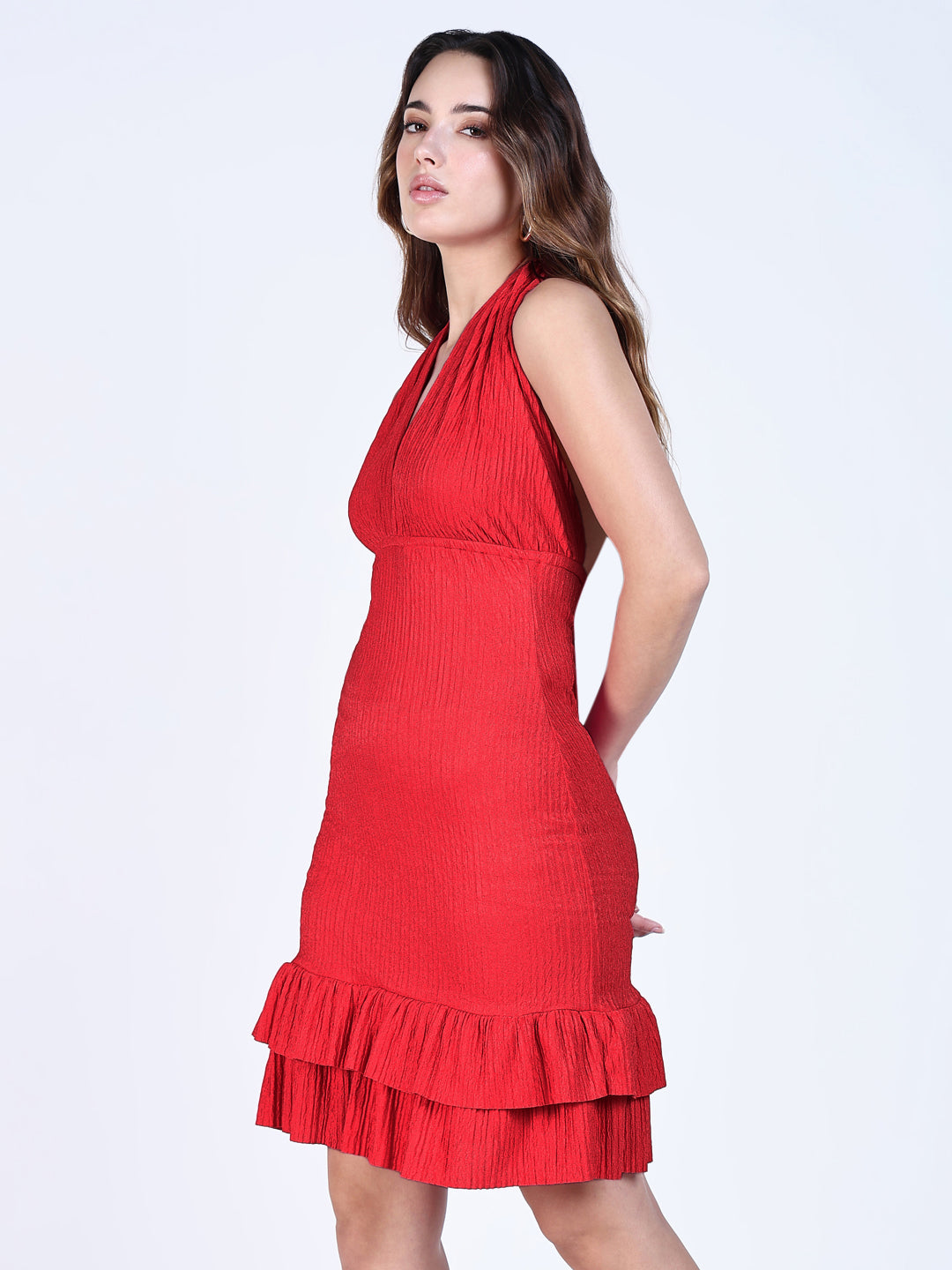 Women's Red Halter Neck Mini Dress with Ruffle Hem