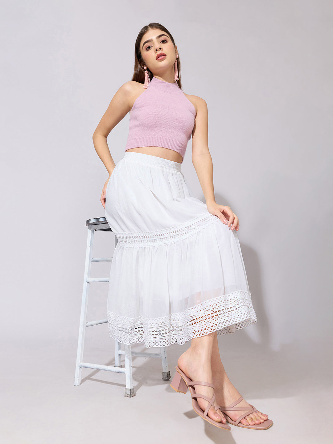 Women's White Lace Detail Midi Skirt
