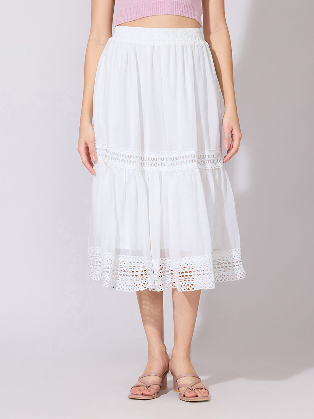 Women's White Lace Detail Midi Skirt