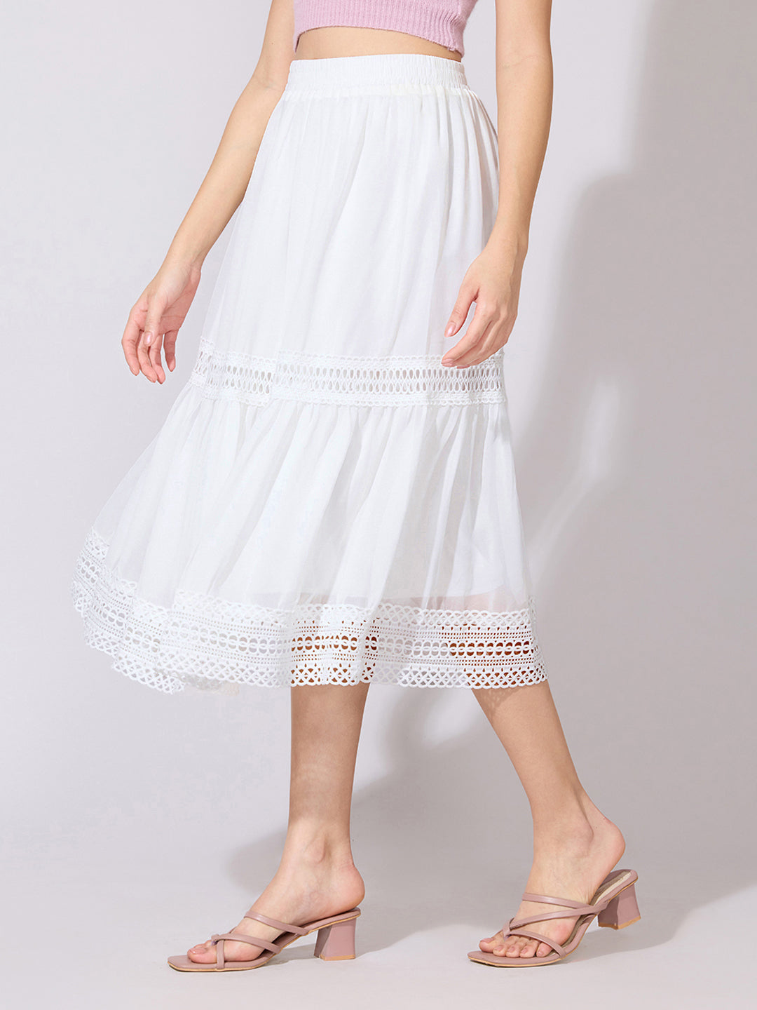 Women's White Lace Detail Midi Skirt