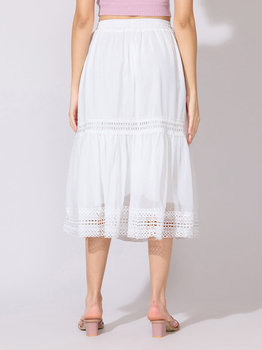 Women's White Lace Detail Midi Skirt
