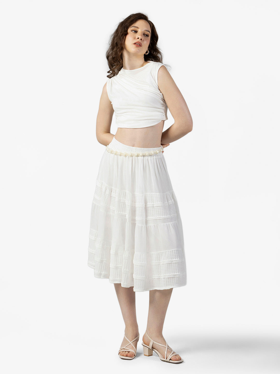 Women's Textured White Tiered Midi Skirt