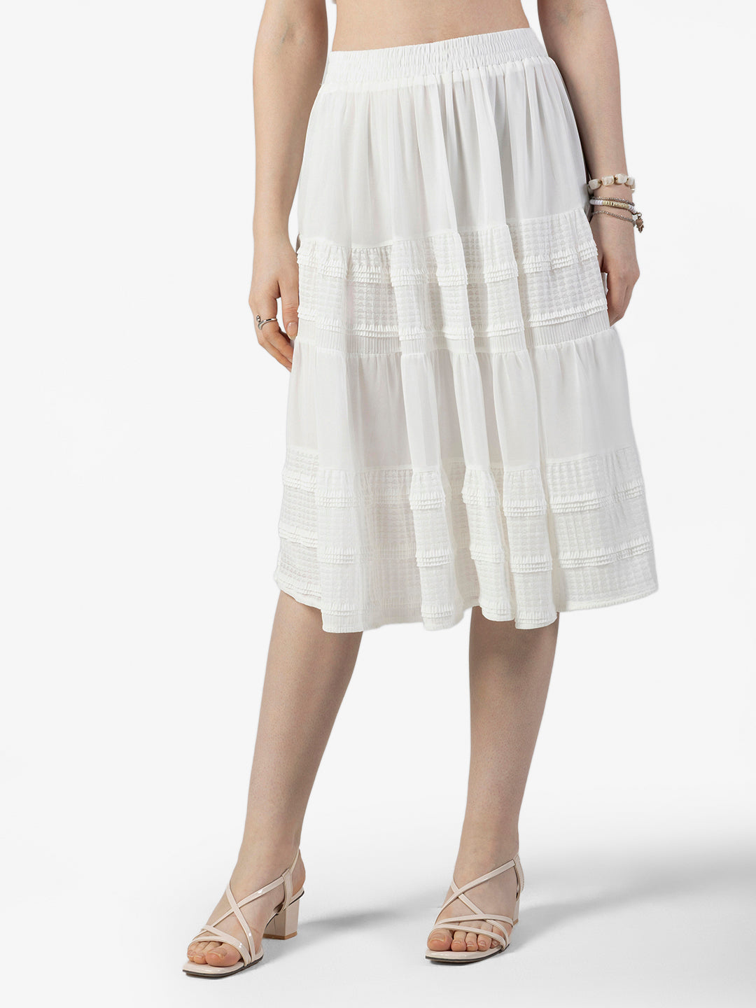 Women's Textured White Tiered Midi Skirt
