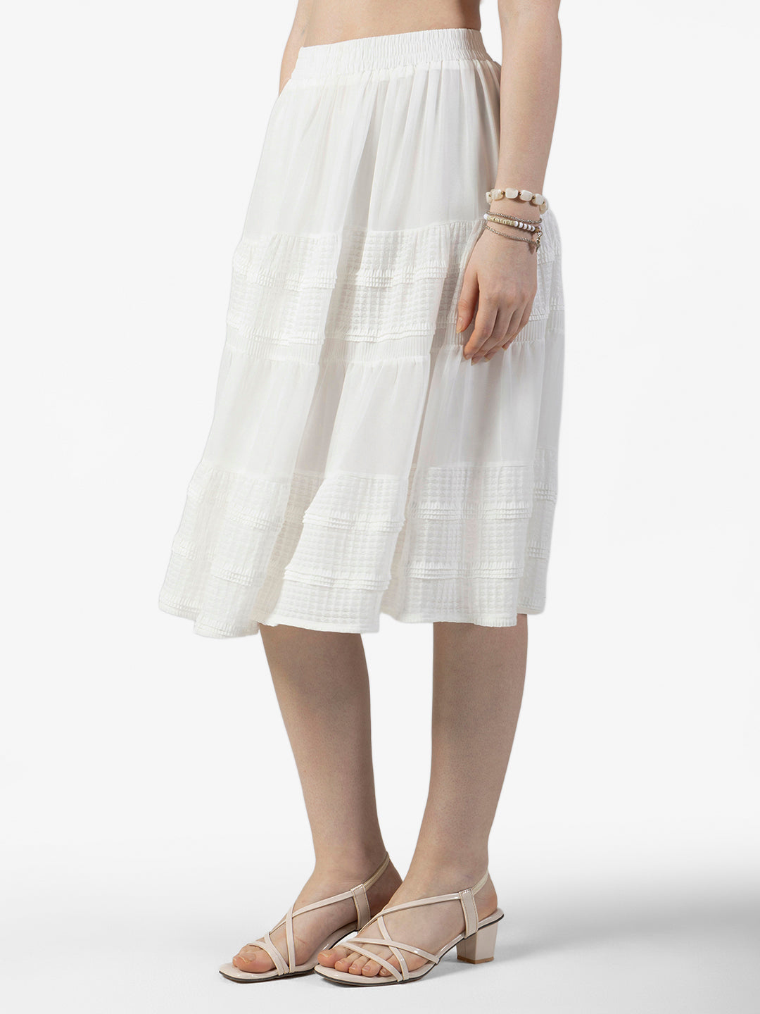 Women's Textured White Tiered Midi Skirt