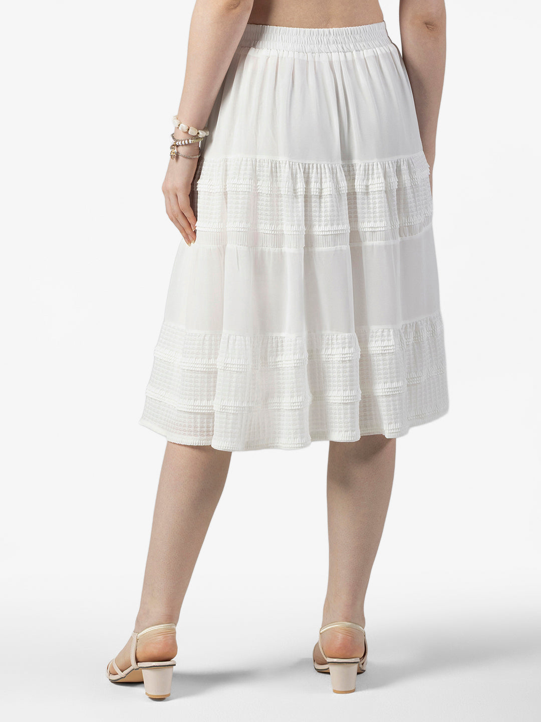 Women's Textured White Tiered Midi Skirt