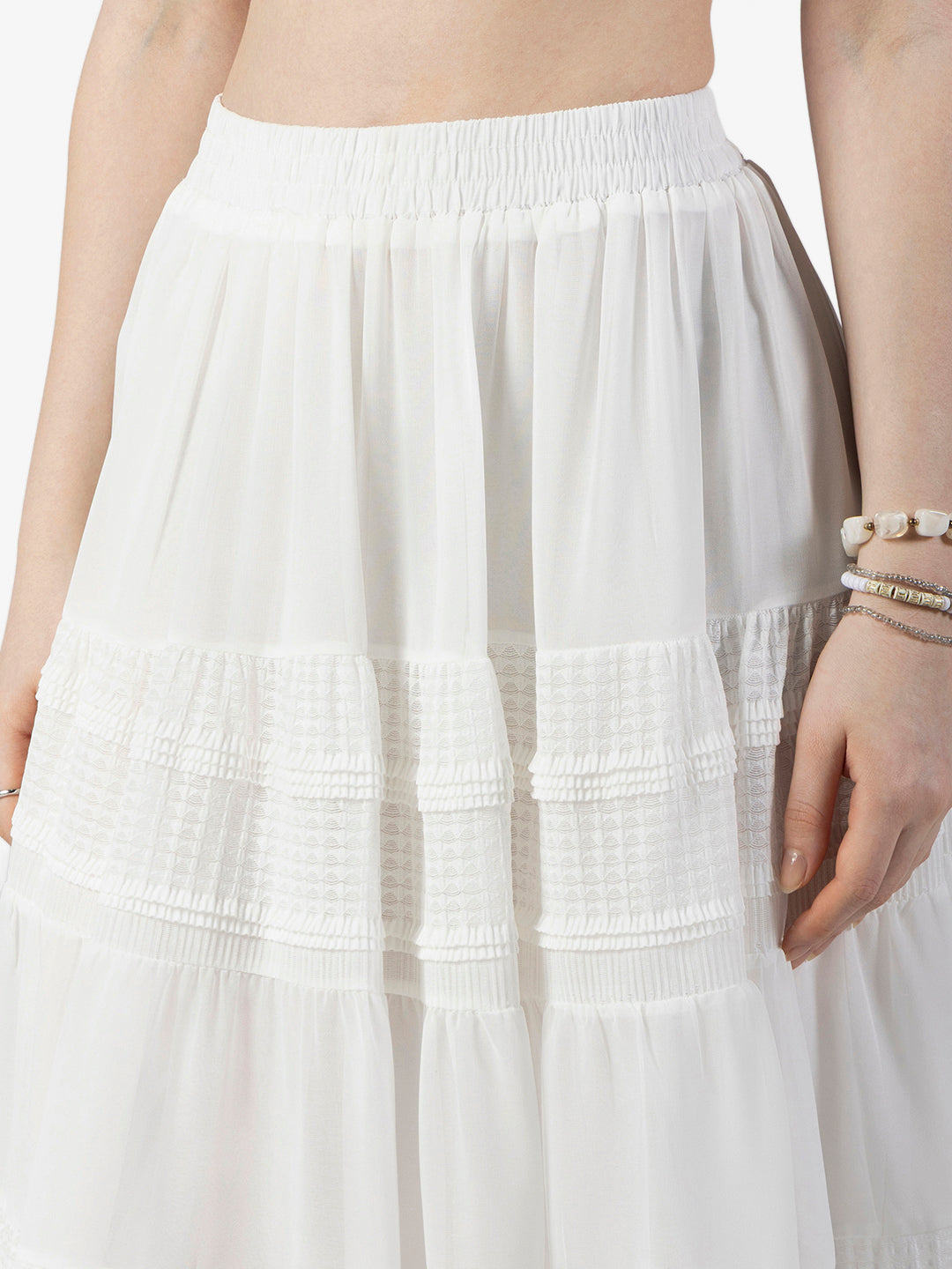 Women's Textured White Tiered Midi Skirt