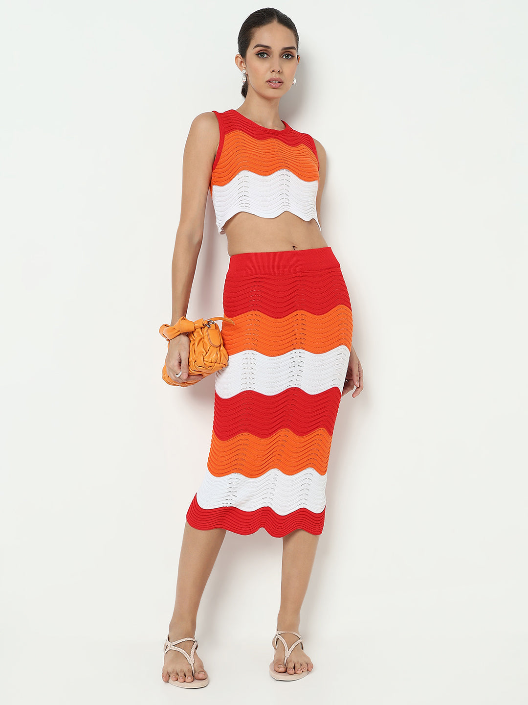 Women's Orange Wavy Knit Pattern Top & Skirt Co Ord Set