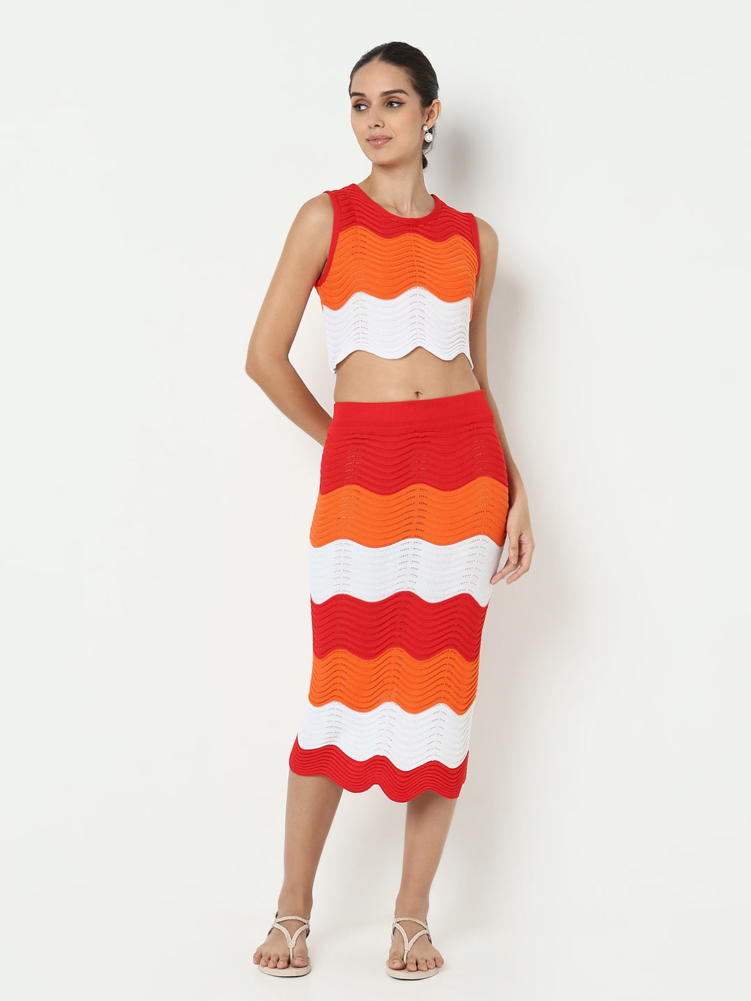 Women's Orange Wavy Knit Pattern Top & Skirt Co Ord Set