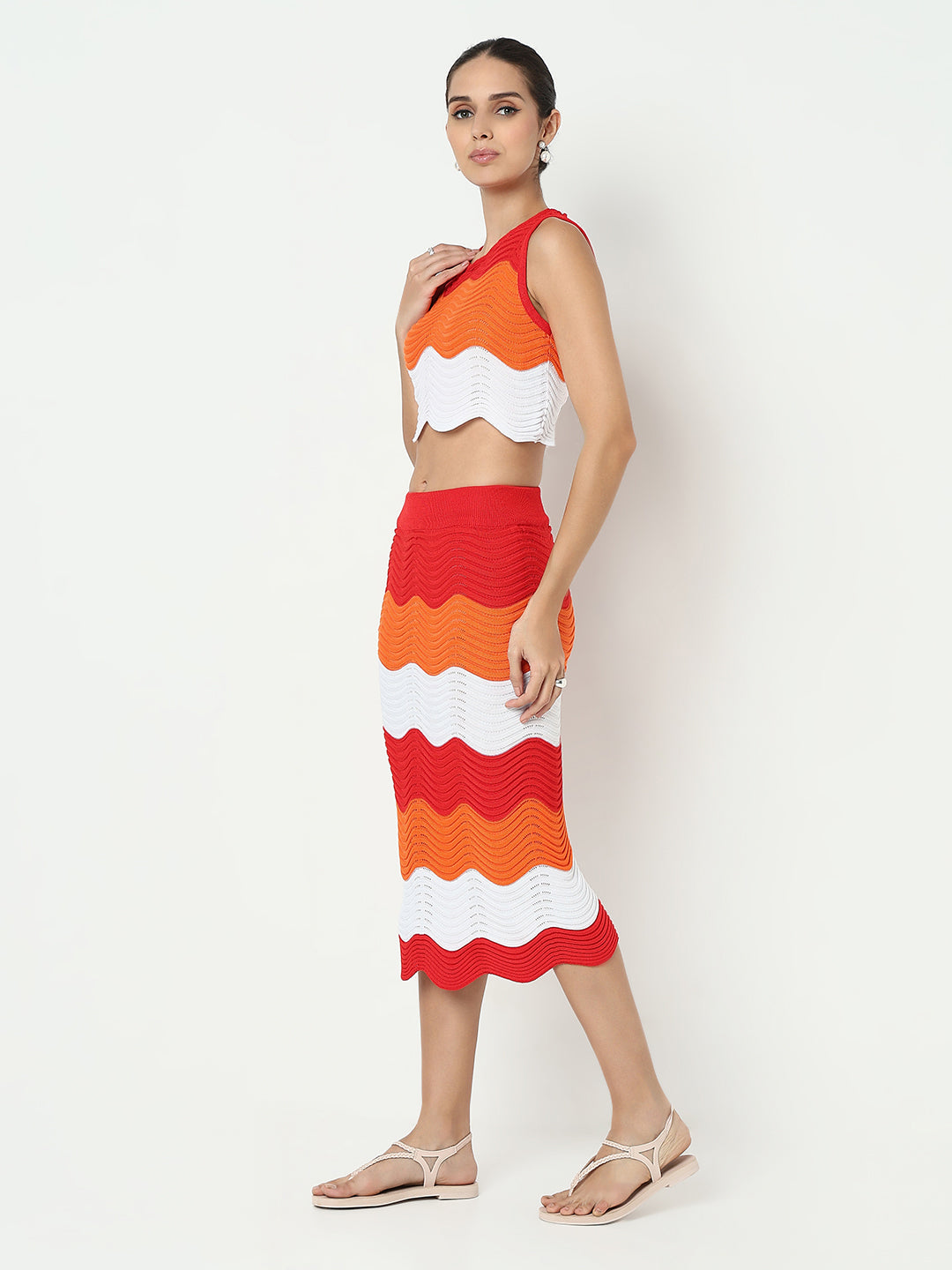 Women's Orange Wavy Knit Pattern Top & Skirt Co Ord Set