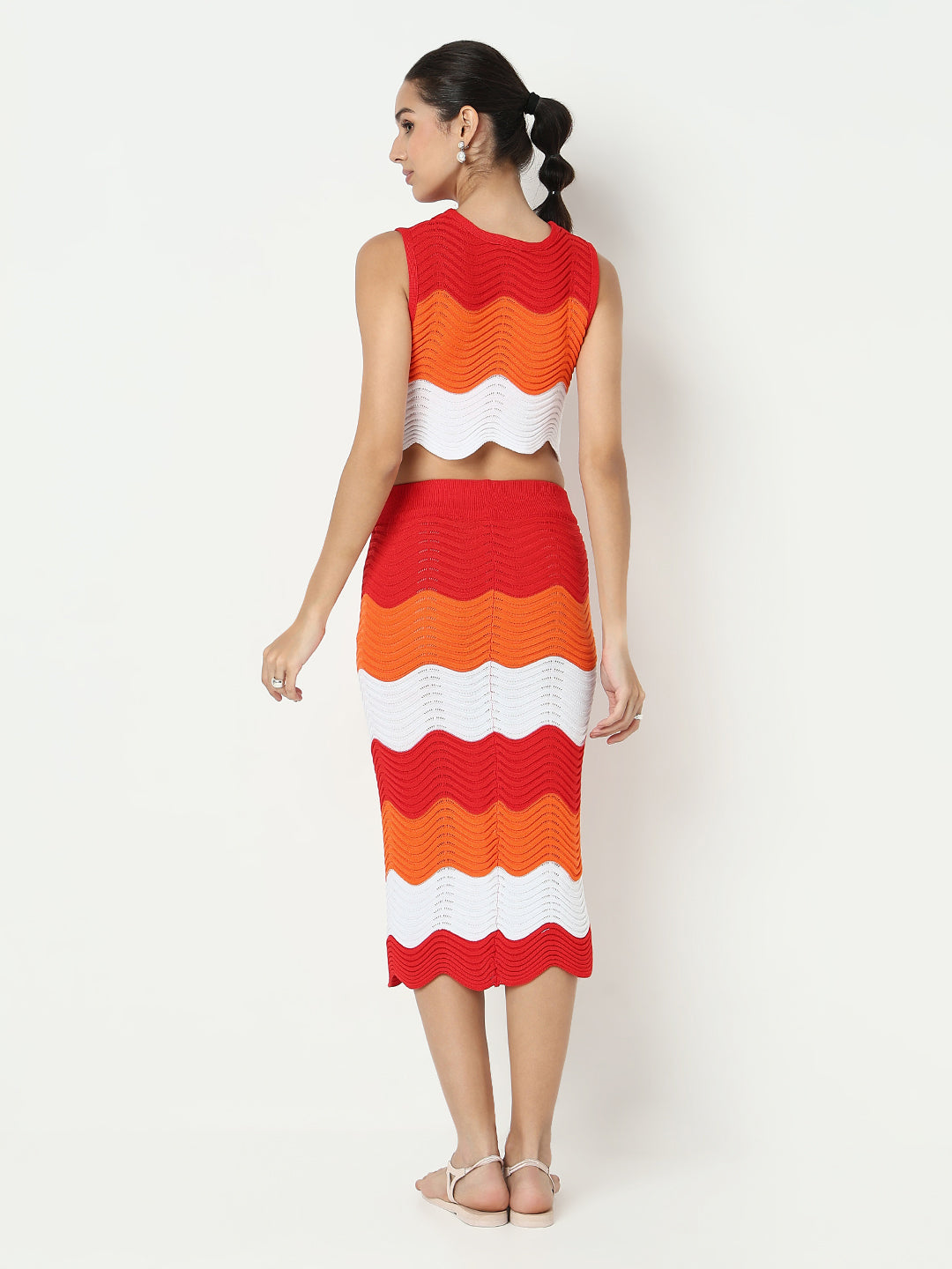 Women's Orange Wavy Knit Pattern Top & Skirt Co Ord Set