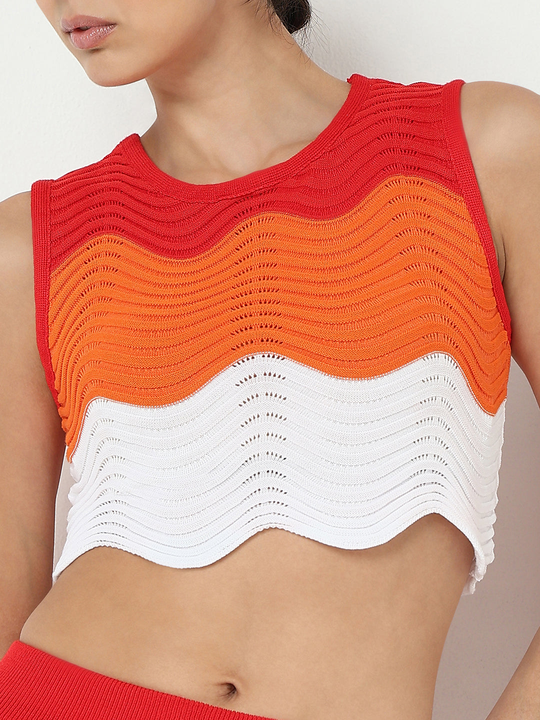 Women's Orange Wavy Knit Pattern Top & Skirt Co Ord Set