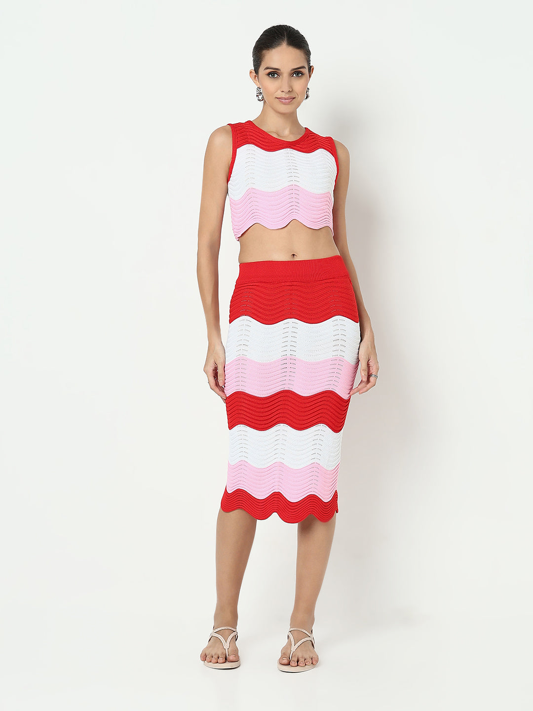 Women's Pink Wavy Knit Pattern Top & Skirt Co Ord Set