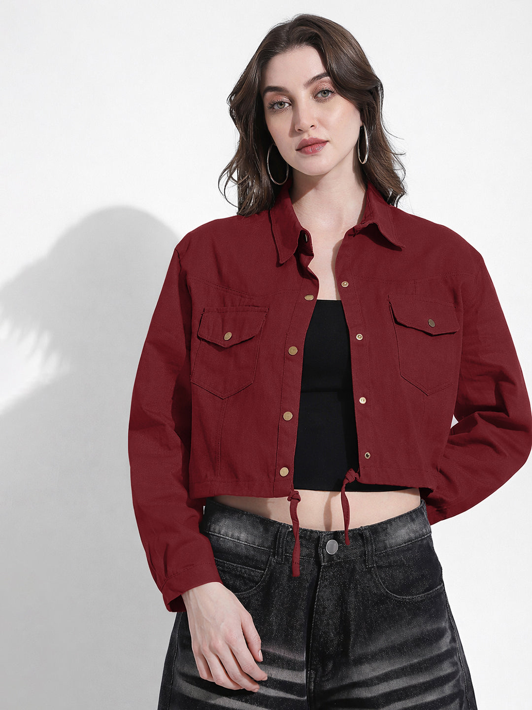 Women's Maroon Cropped Denim Jacket with Adjustable Hem