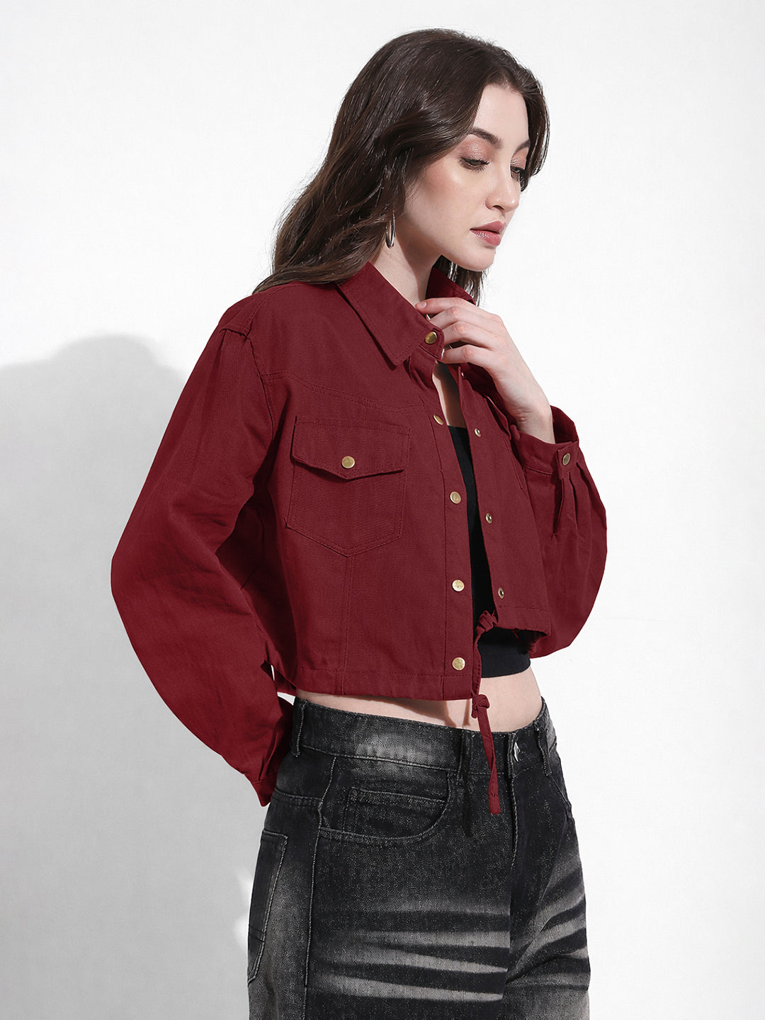 Women's Maroon Cropped Denim Jacket with Adjustable Hem