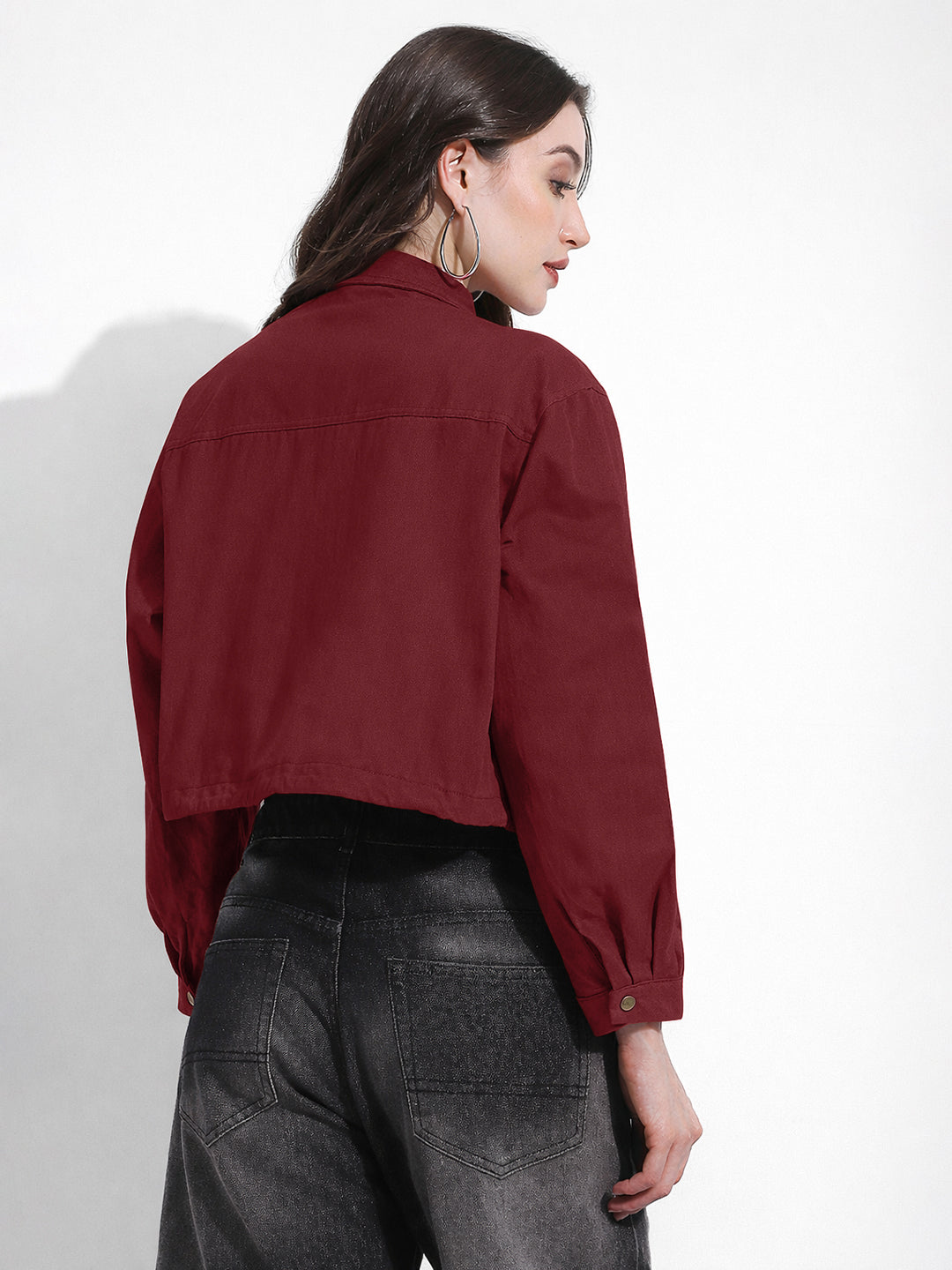 Women's Maroon Cropped Denim Jacket with Adjustable Hem