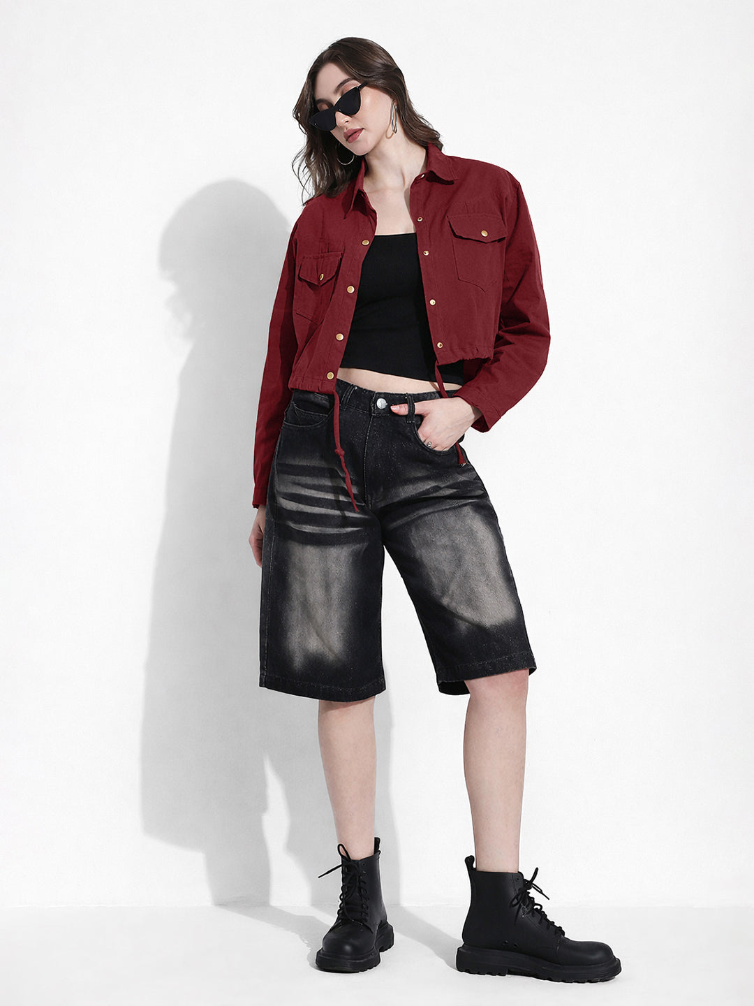 Women's Maroon Cropped Denim Jacket with Adjustable Hem