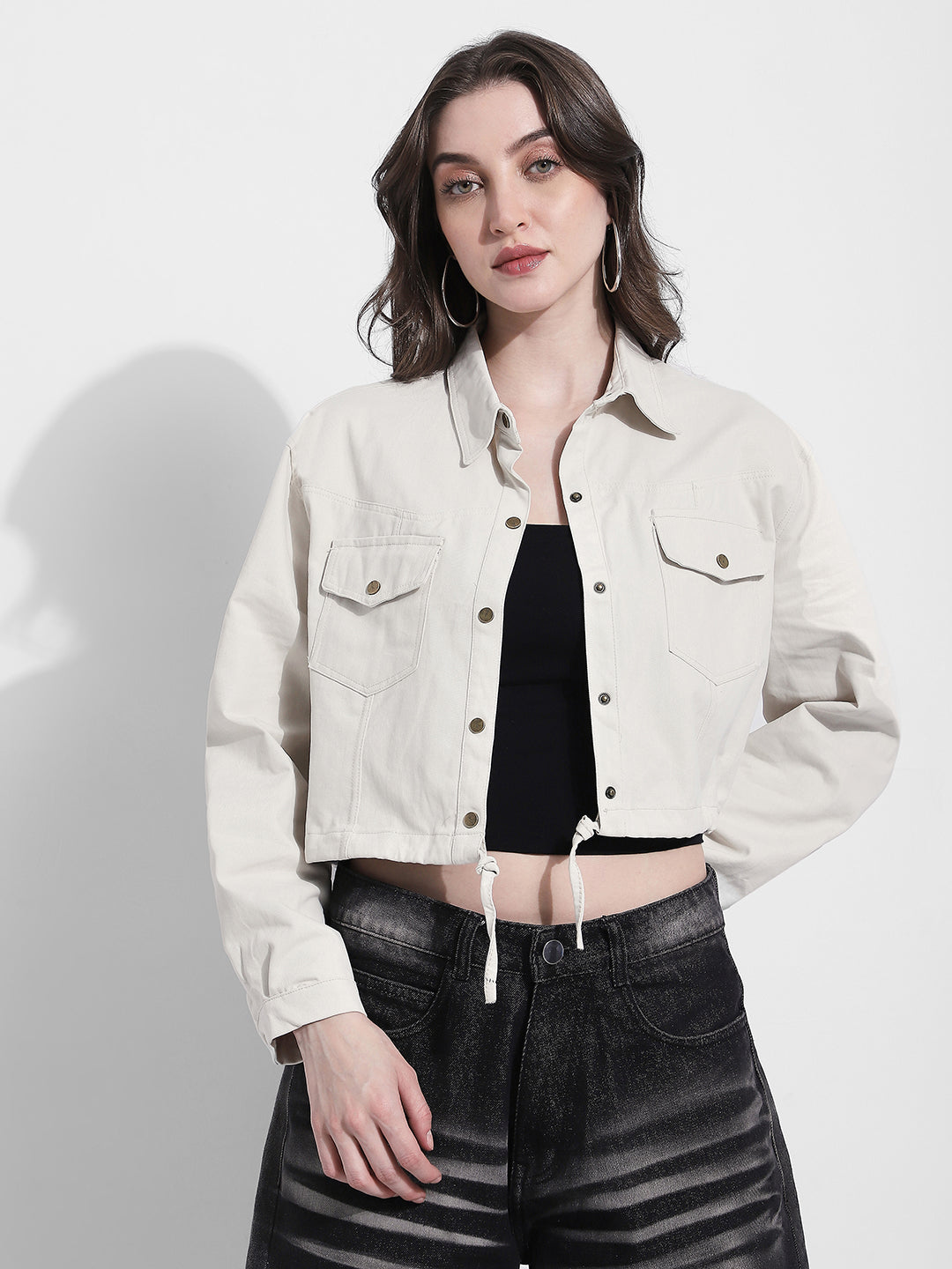 Women's Off White Cropped Denim Jacket with Adjustable Hem