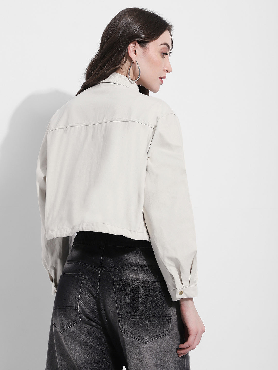 Women's Off White Cropped Denim Jacket with Adjustable Hem