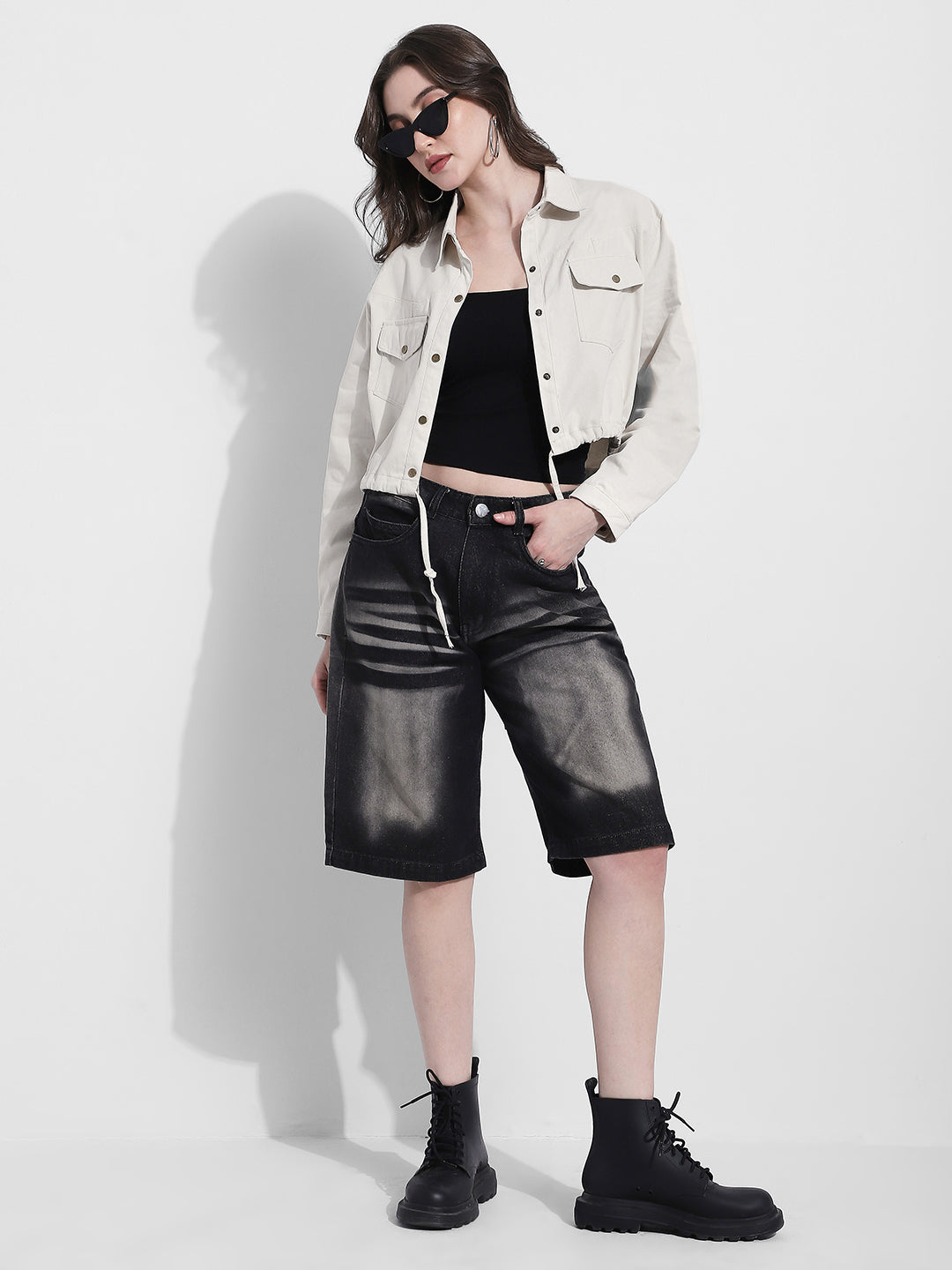 Women's Off White Cropped Denim Jacket with Adjustable Hem