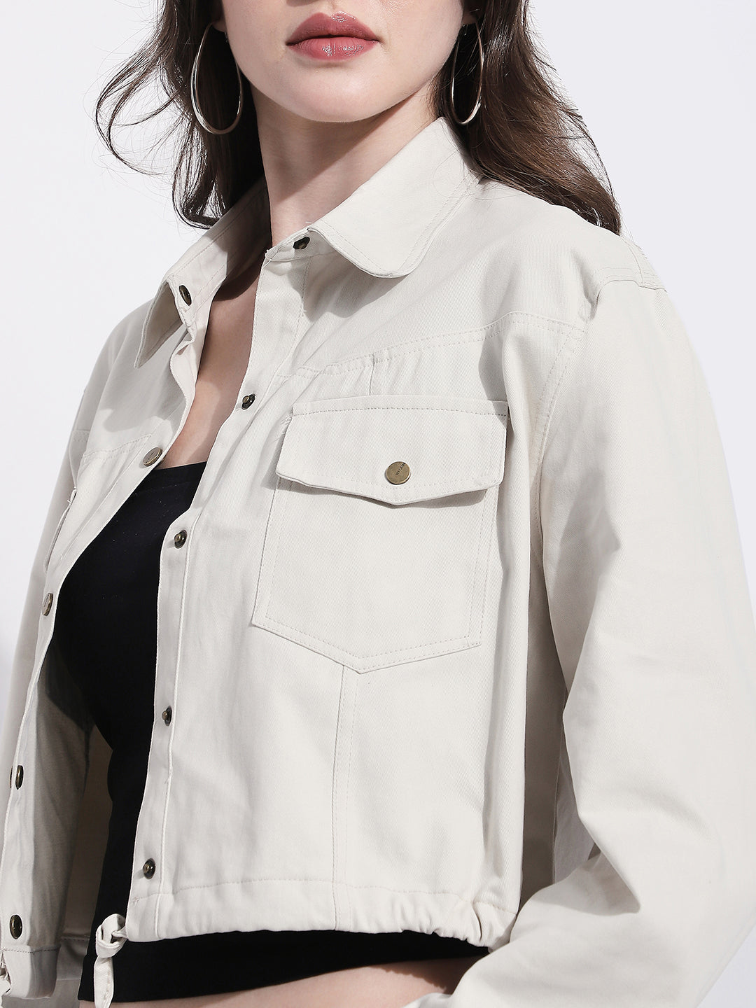 Women's Off White Cropped Denim Jacket with Adjustable Hem