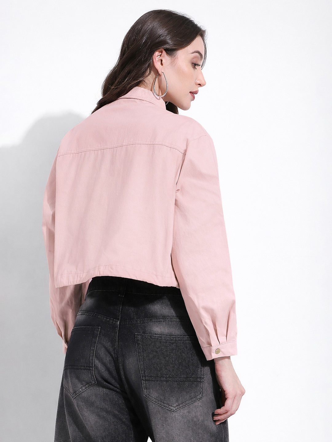 Women's Pink Cropped Denim Jacket with Adjustable Hem