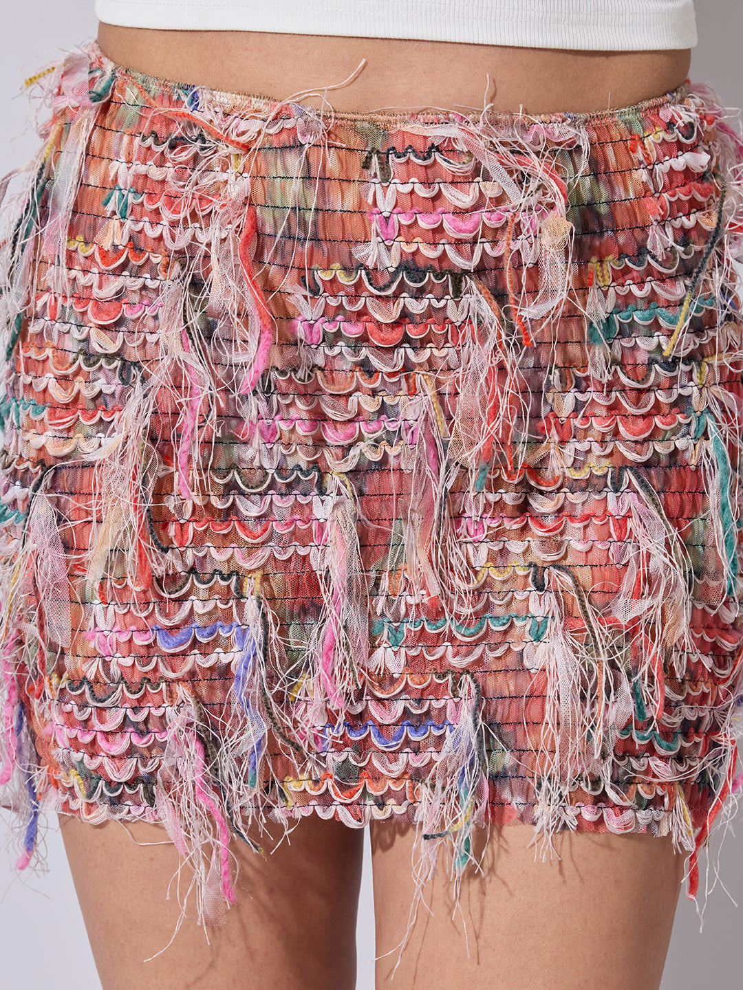 Women's Pink Fringe Textured Mini Skirt