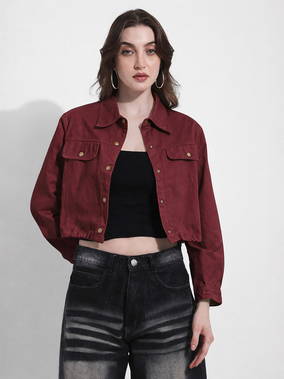 Women's Maroon Cropped Denim Jacket with Elasticated Hem