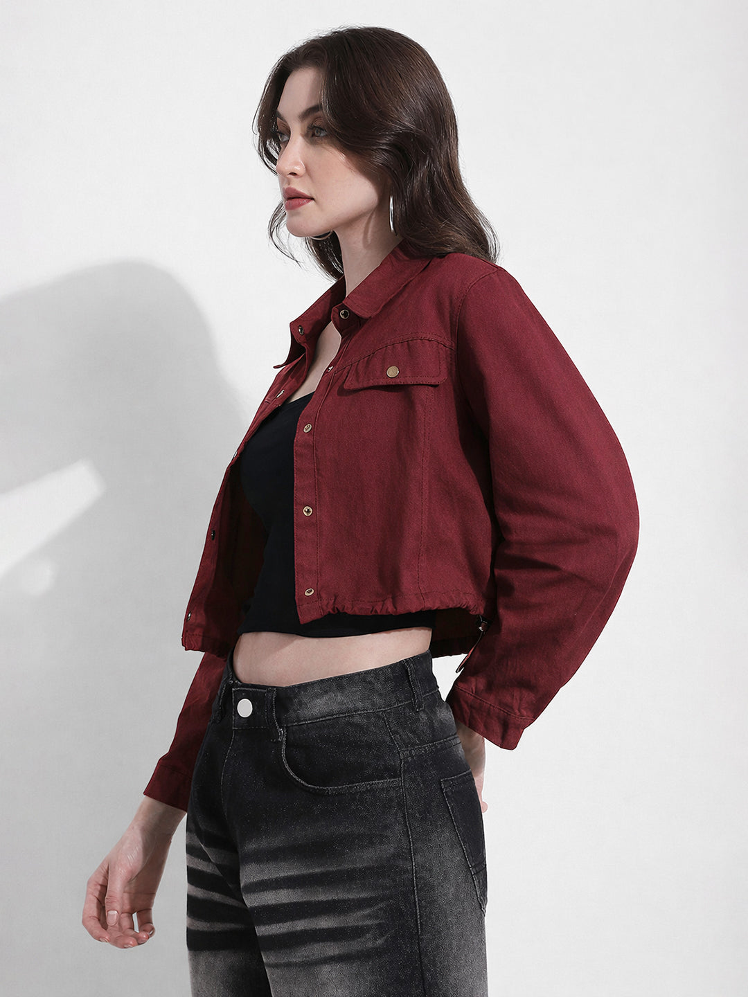 Women's Maroon Cropped Denim Jacket with Elasticated Hem
