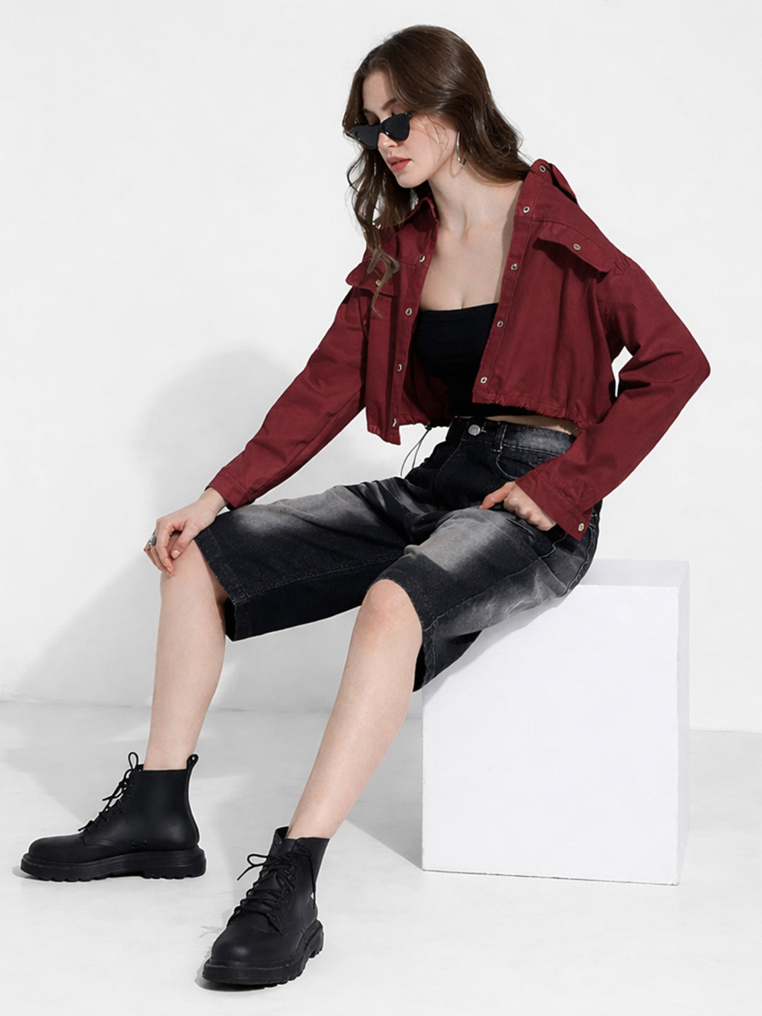 Women's Maroon Cropped Denim Jacket with Elasticated Hem