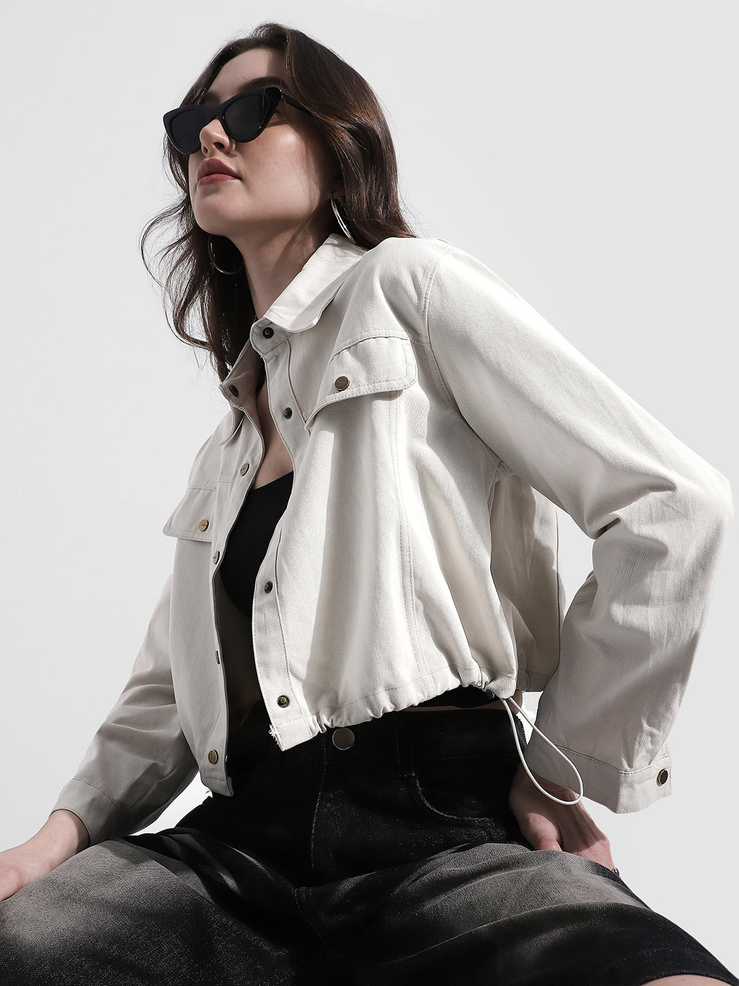 Women's Off White Cropped Denim Jacket with Elasticated Hem