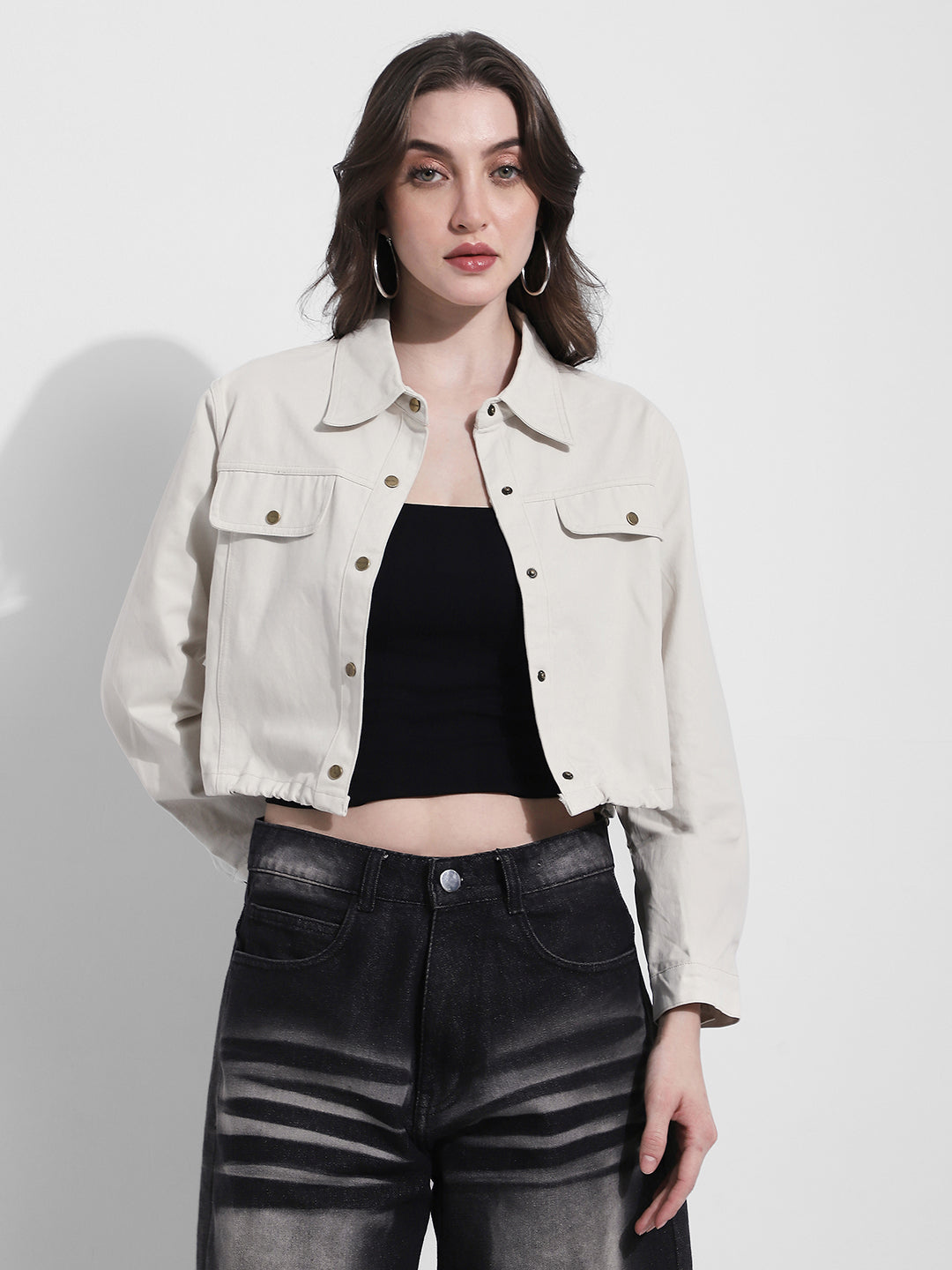Women's Off White Cropped Denim Jacket with Elasticated Hem