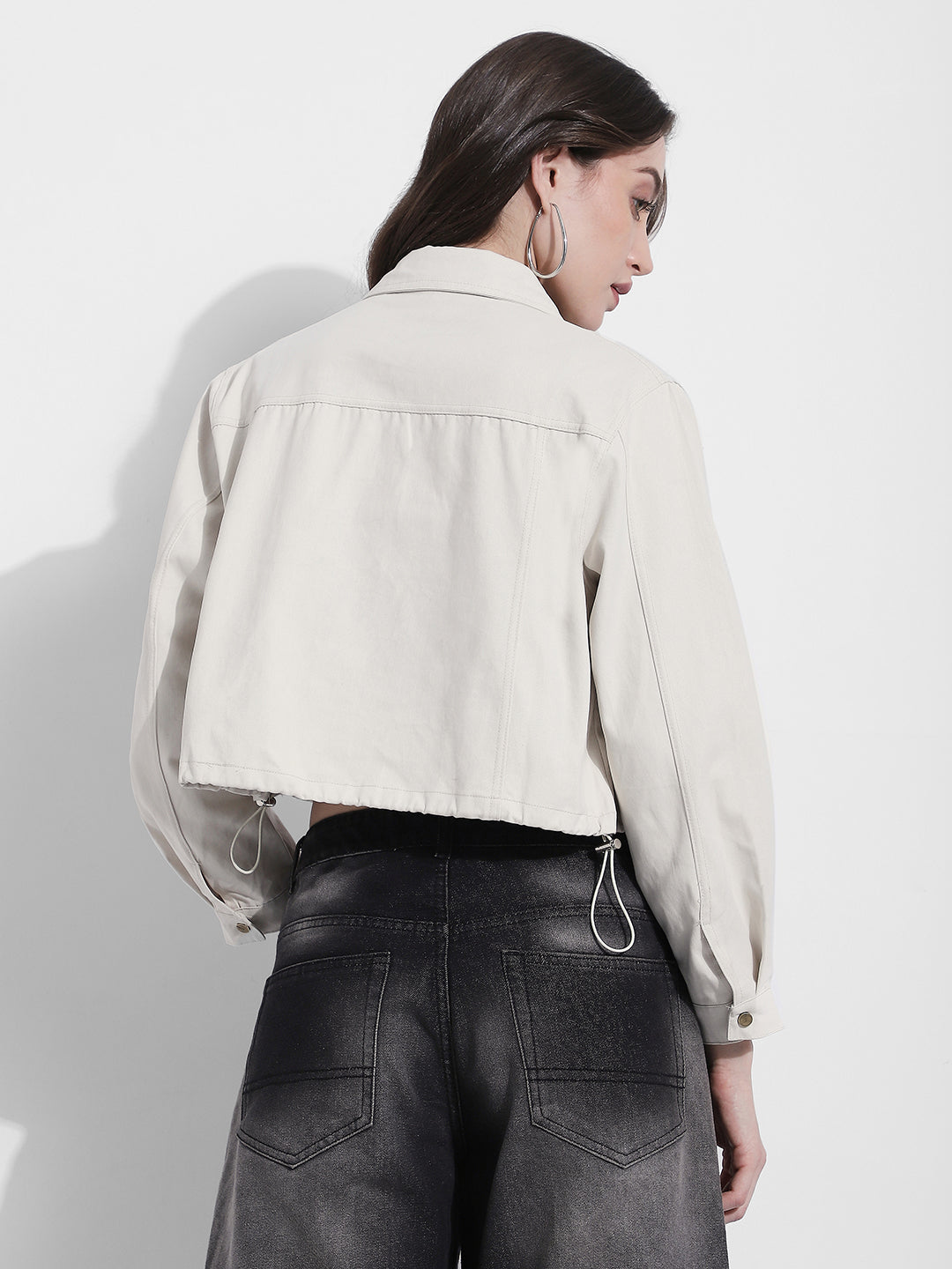 Women's Off White Cropped Denim Jacket with Elasticated Hem