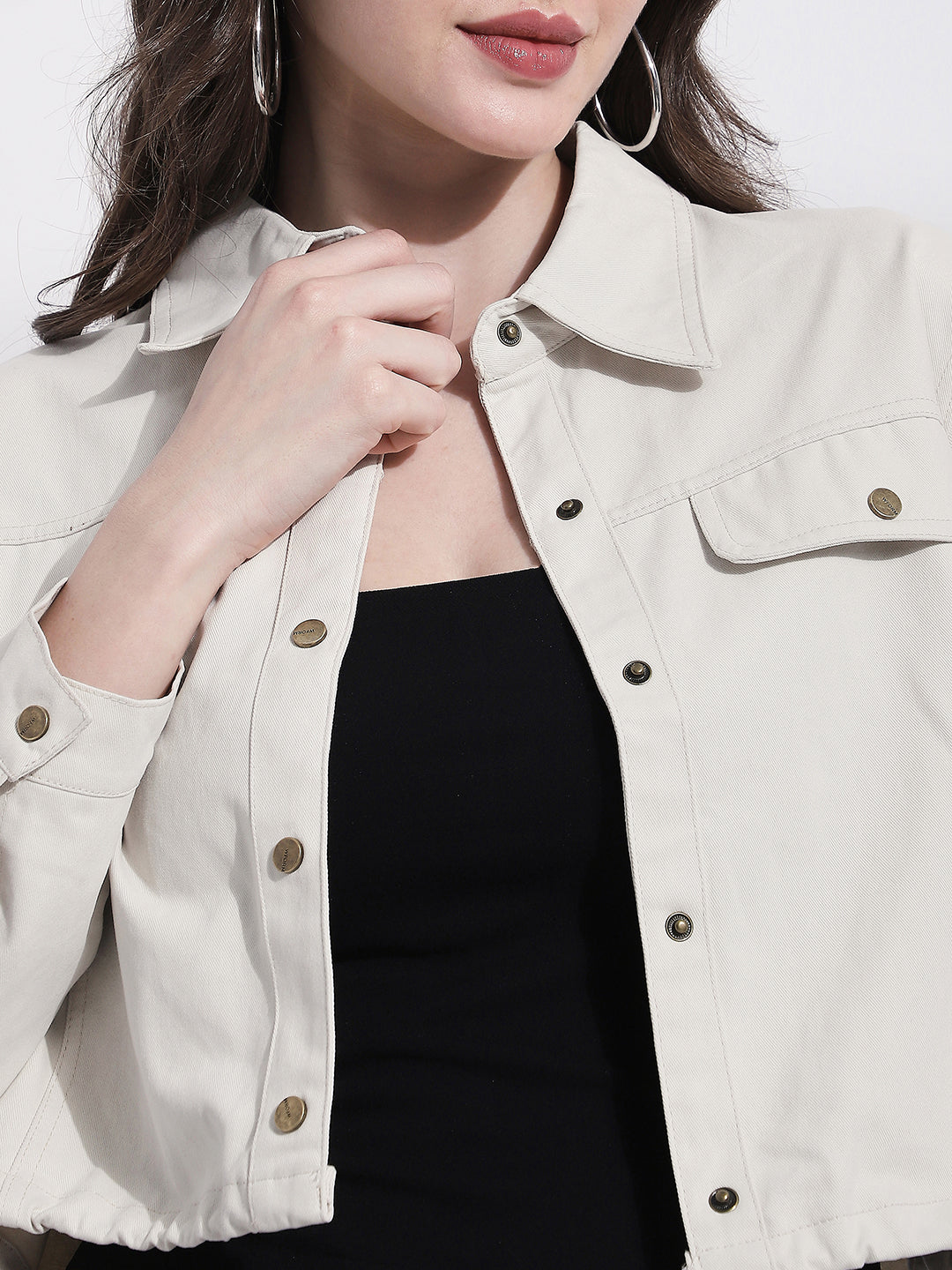 Women's Off White Cropped Denim Jacket with Elasticated Hem