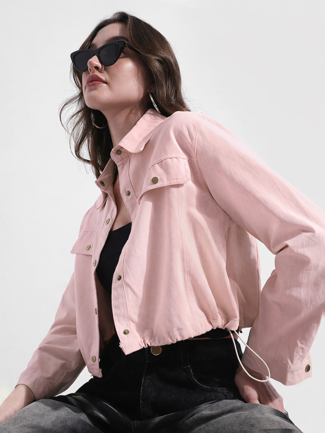 Women's Pink Cropped Denim Jacket with Elasticated Hem
