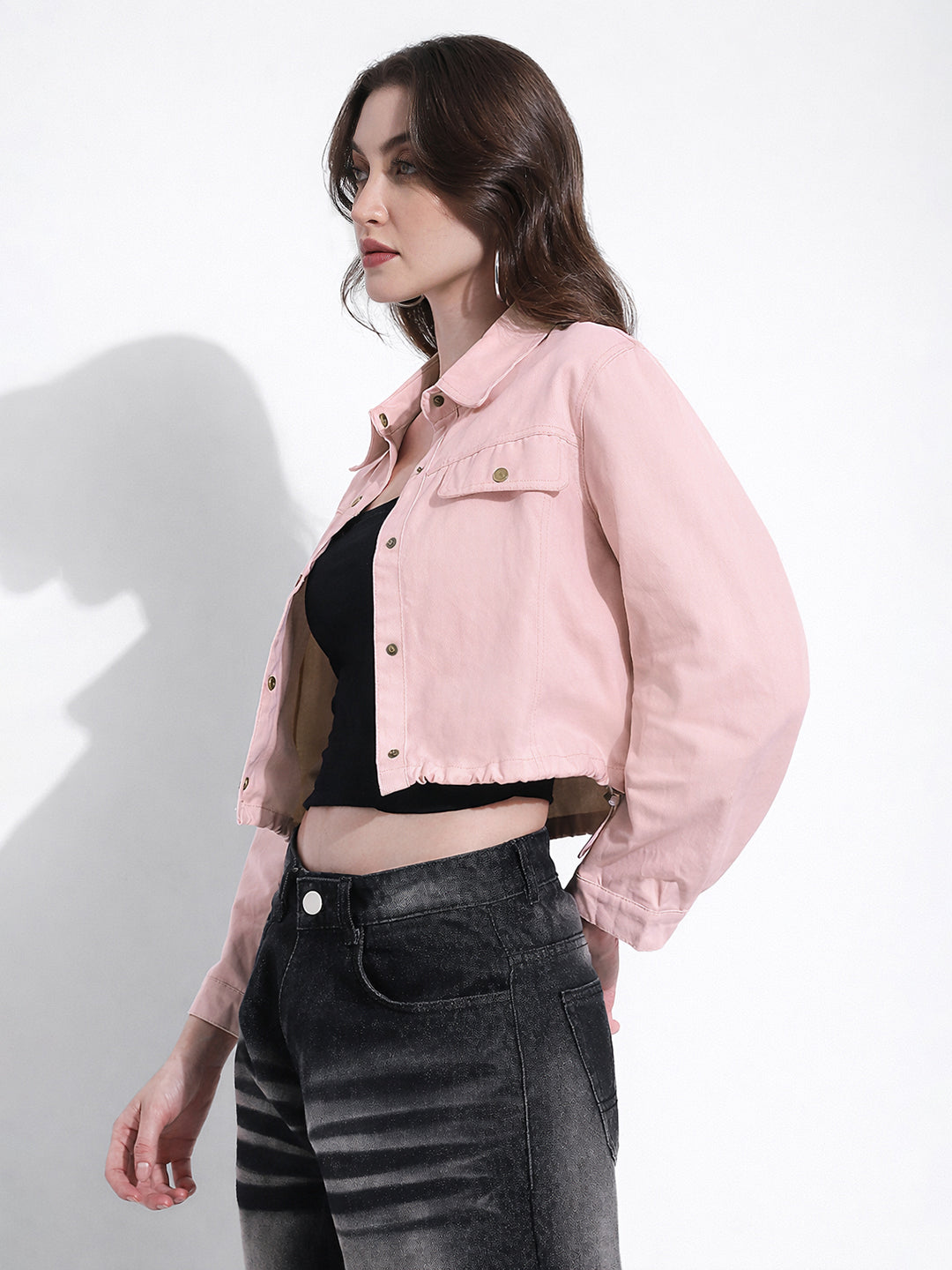 Women's Pink Cropped Denim Jacket with Elasticated Hem