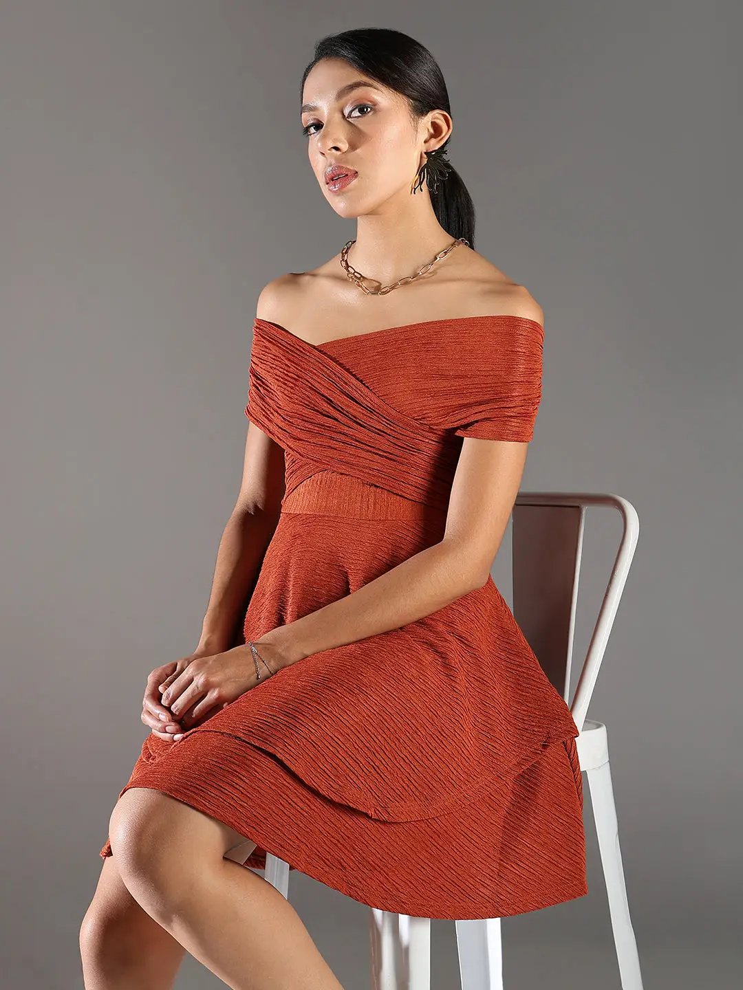 Shop Women's Brown Off-Shoulder Fit & Flare Dress| Showoffff Shop Women's Brown Off-Shoulder Fit & Flare Dress| Showoffff