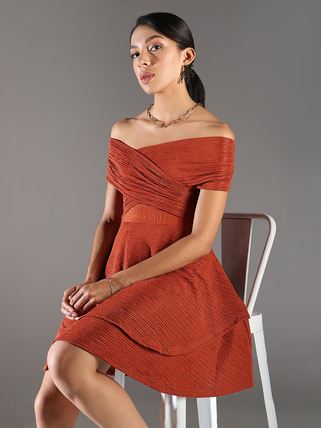 Shop Women's Brown Off-Shoulder Fit & Flare Dress| Showoffff Shop Women's Brown Off-Shoulder Fit & Flare Dress| Showoffff