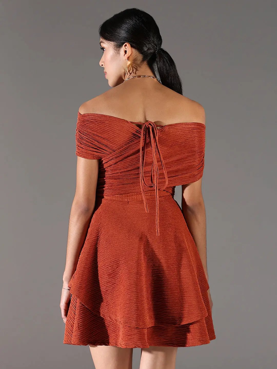 Shop Women's Brown Off-Shoulder Fit & Flare Dress| Showoffff Shop Women's Brown Off-Shoulder Fit & Flare Dress| Showoffff