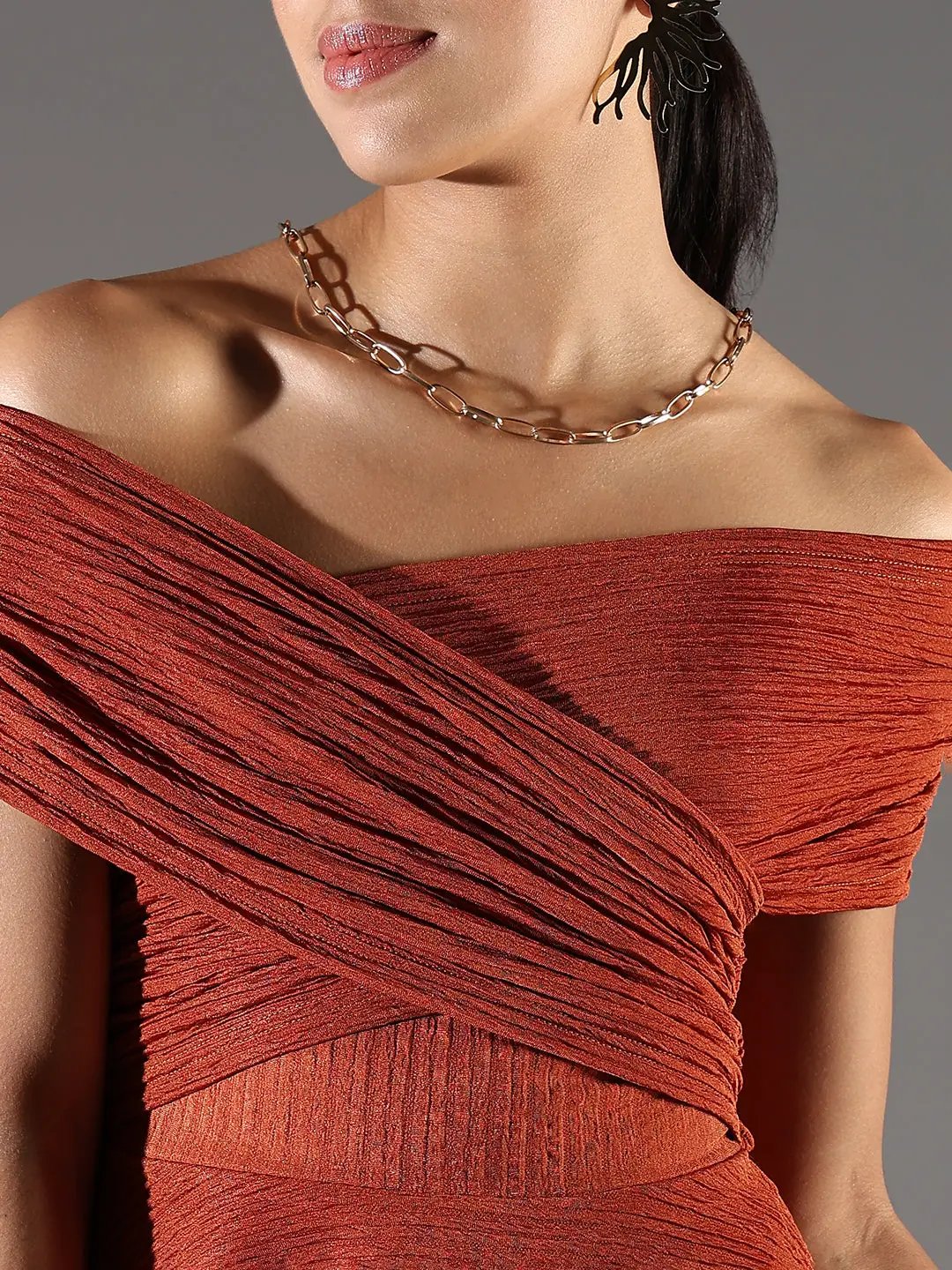 Shop Women's Brown Off-Shoulder Fit & Flare Dress| Showoffff Shop Women's Brown Off-Shoulder Fit & Flare Dress| Showoffff