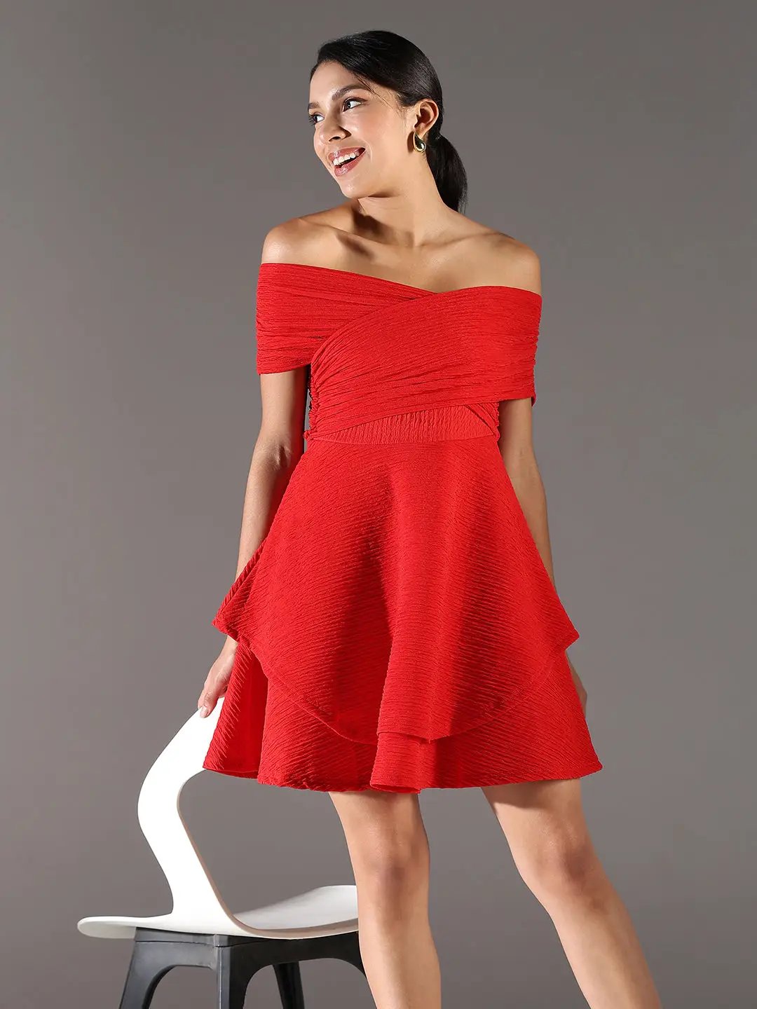 Shop Women's Red Off-Shoulder Fit & Flare Dress| Showoffff Shop Women's Red Off-Shoulder Fit & Flare Dress| Showoffff