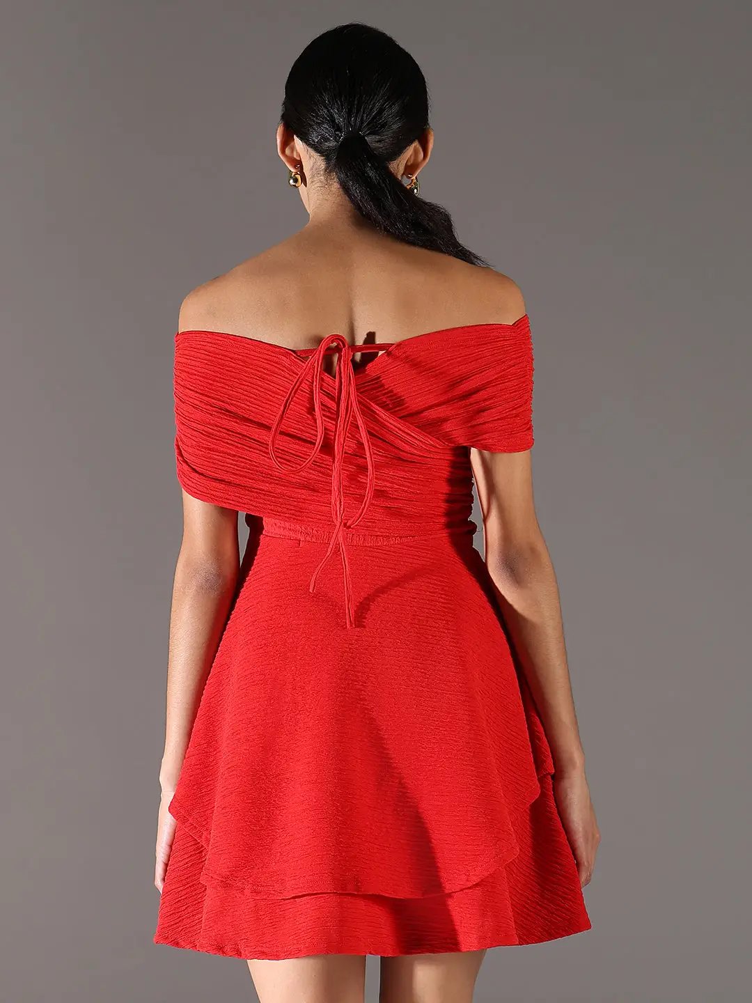 Shop Women's Red Off-Shoulder Fit & Flare Dress| Showoffff Shop Women's Red Off-Shoulder Fit & Flare Dress| Showoffff
