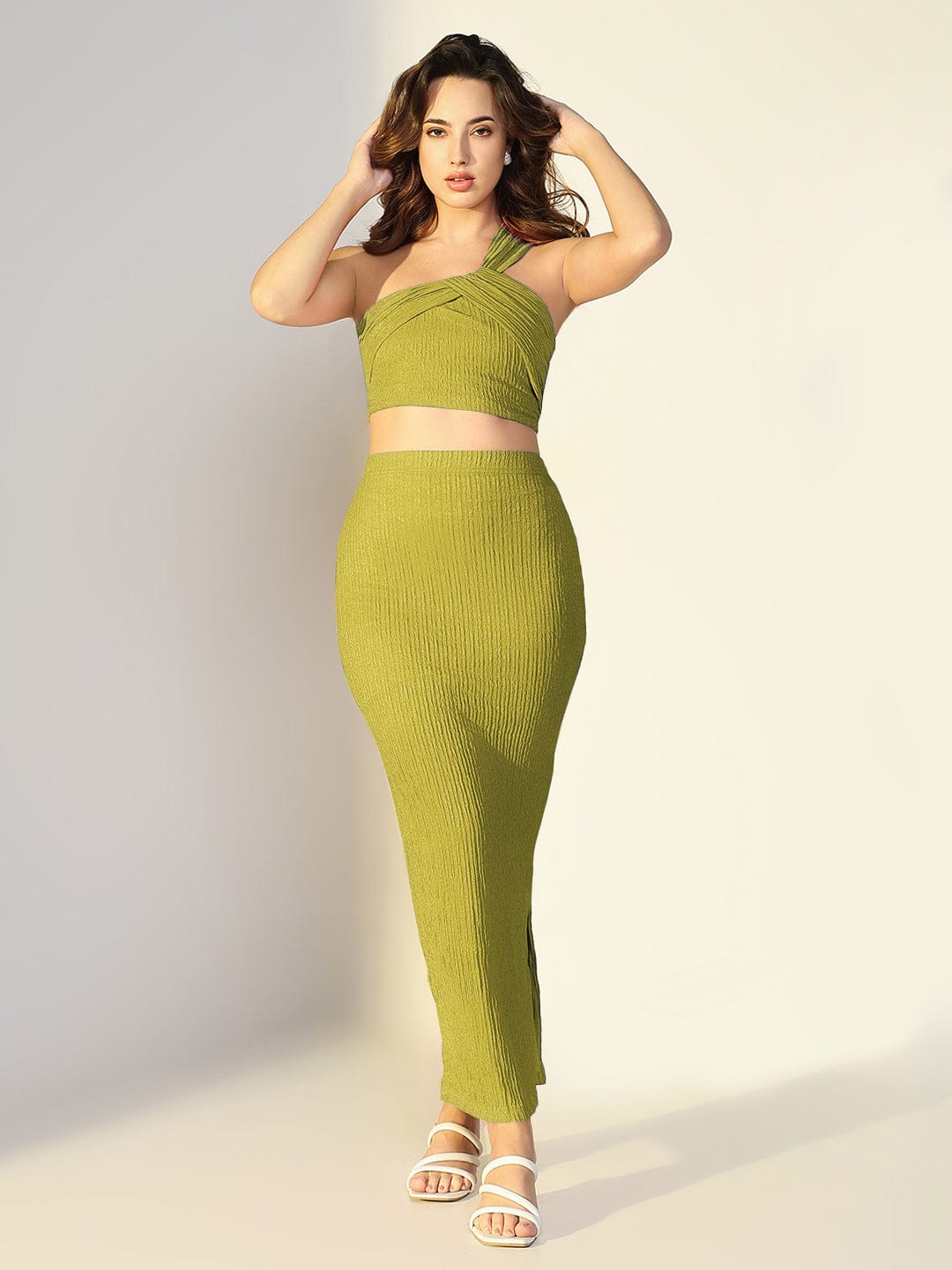 Women's Textured Green One Shoulder Top with Skirt Co-Ords Set