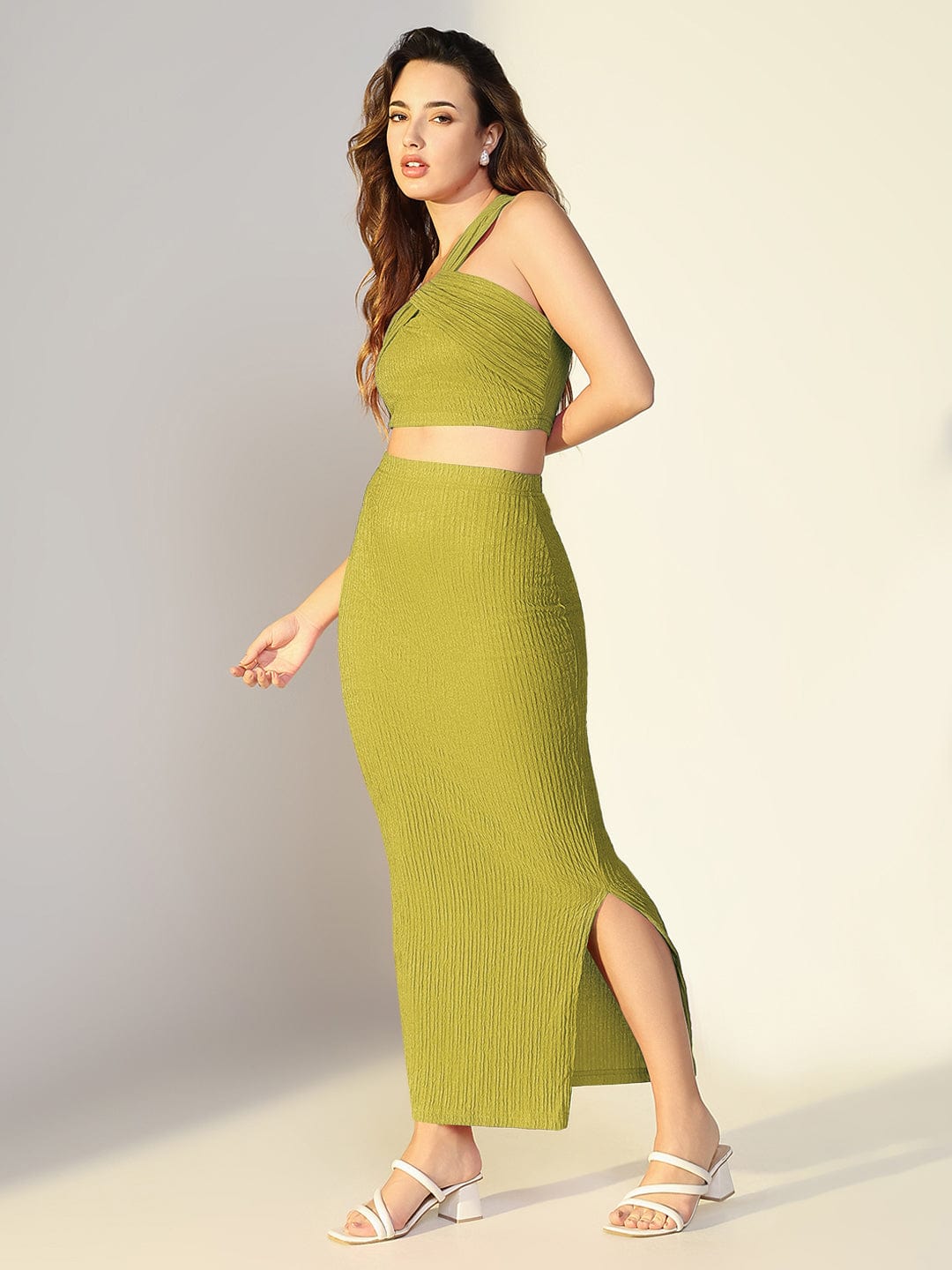 Women's Textured Green One Shoulder Top with Skirt Co-Ords Set
