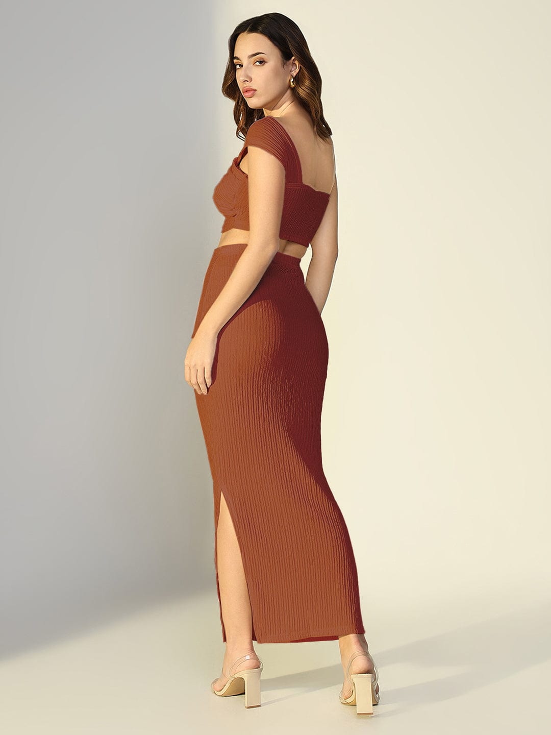 Women's Textured Rust One Shoulder Top with Skirt Co-Ords Set