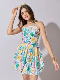 Women's Floral Green Mini Balloon Dress
