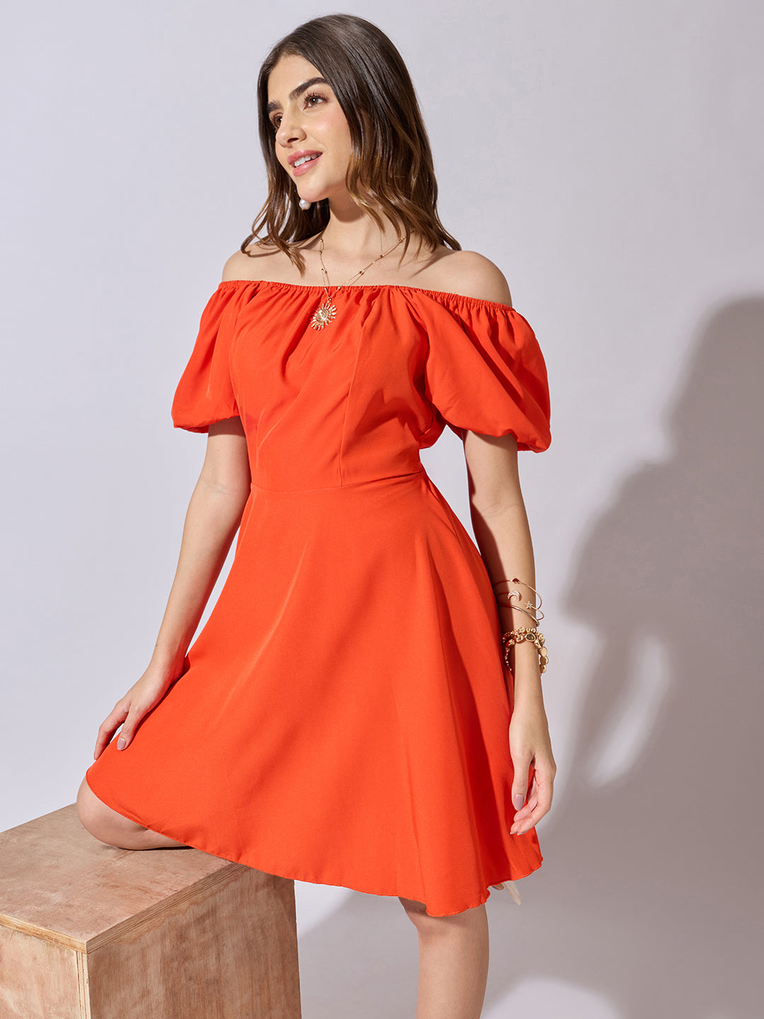 Women's Orange Off Shoulder Mini Dress